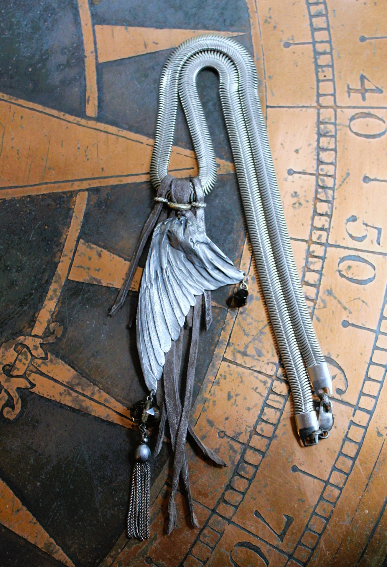 NEW! Divine Bird Necklace with Cast Bird Wing, Unique Chain and Leather Ties, Faceted Smoky Quartz, Vintage Chain Tassel