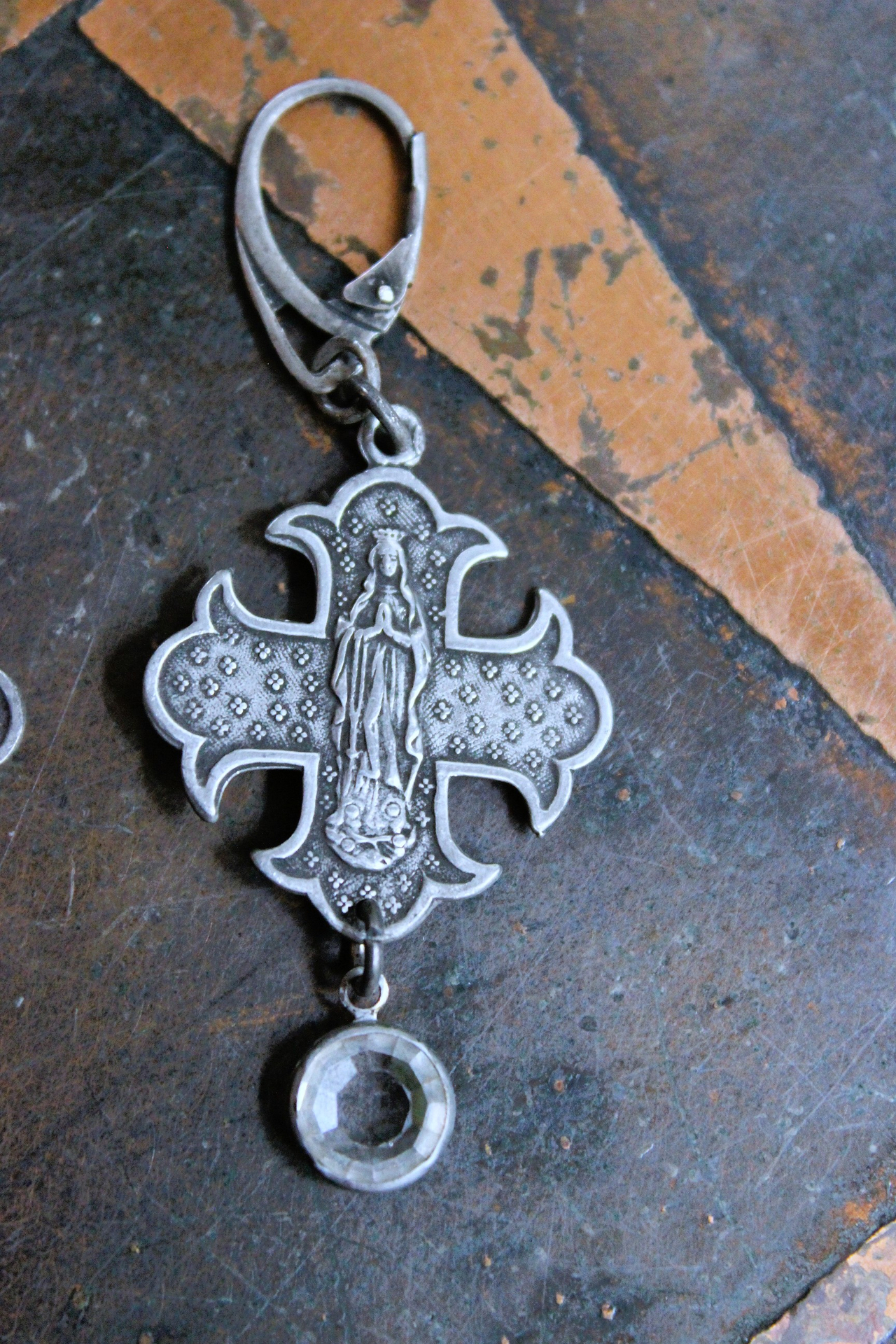 NEW! French Marian Medal Earrings with Vintage Flat Faceted Crystal Drops & Sterling Leverback Earring Wires