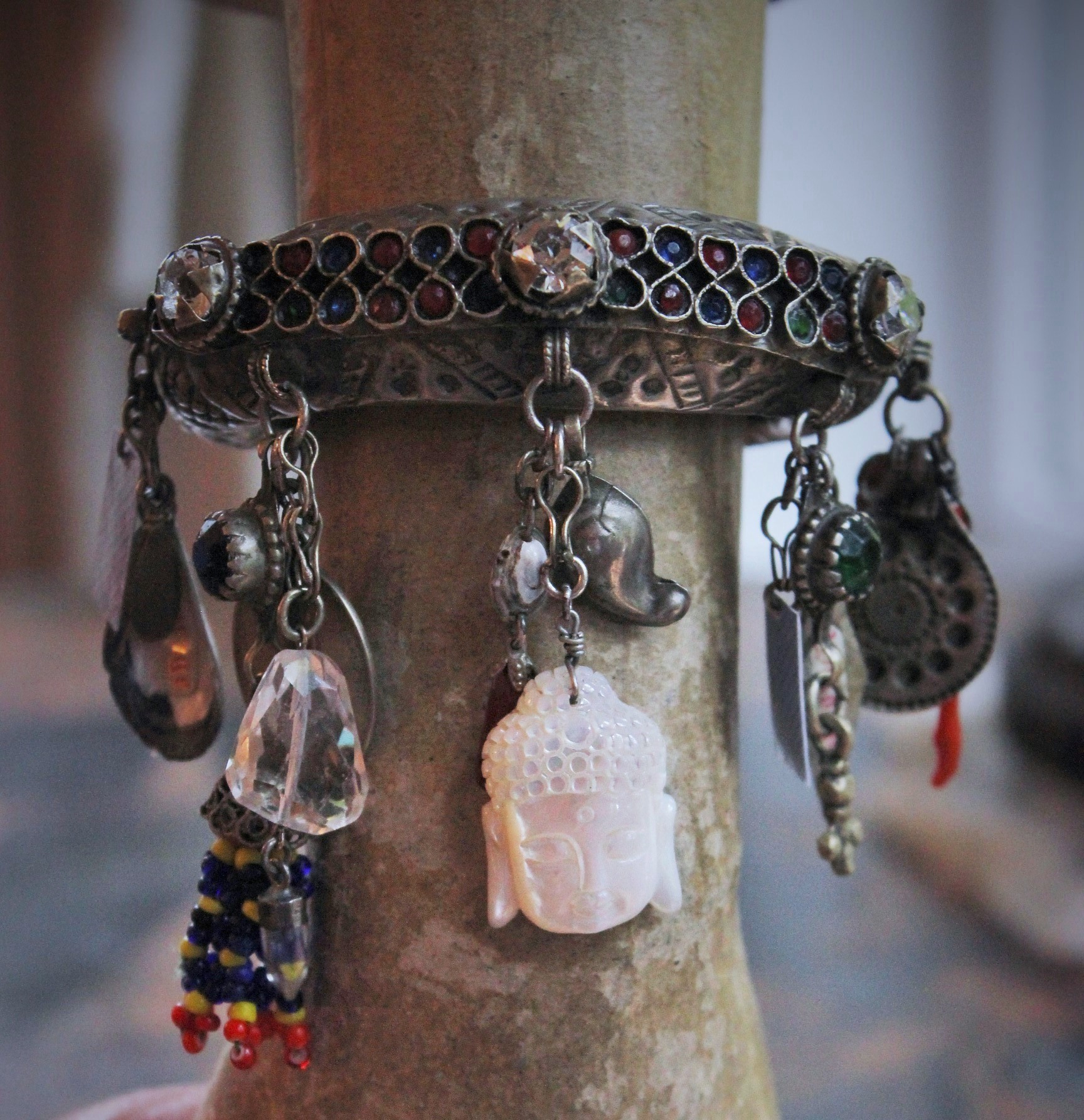 Unique Antique Gypsy Nomad Cuff Bracelet w/Inset Faceted Crystal Stones,Faceted Rock Quartz,2 Miniature Tarot Cards,Red Coral Stick,Found Shells +More!