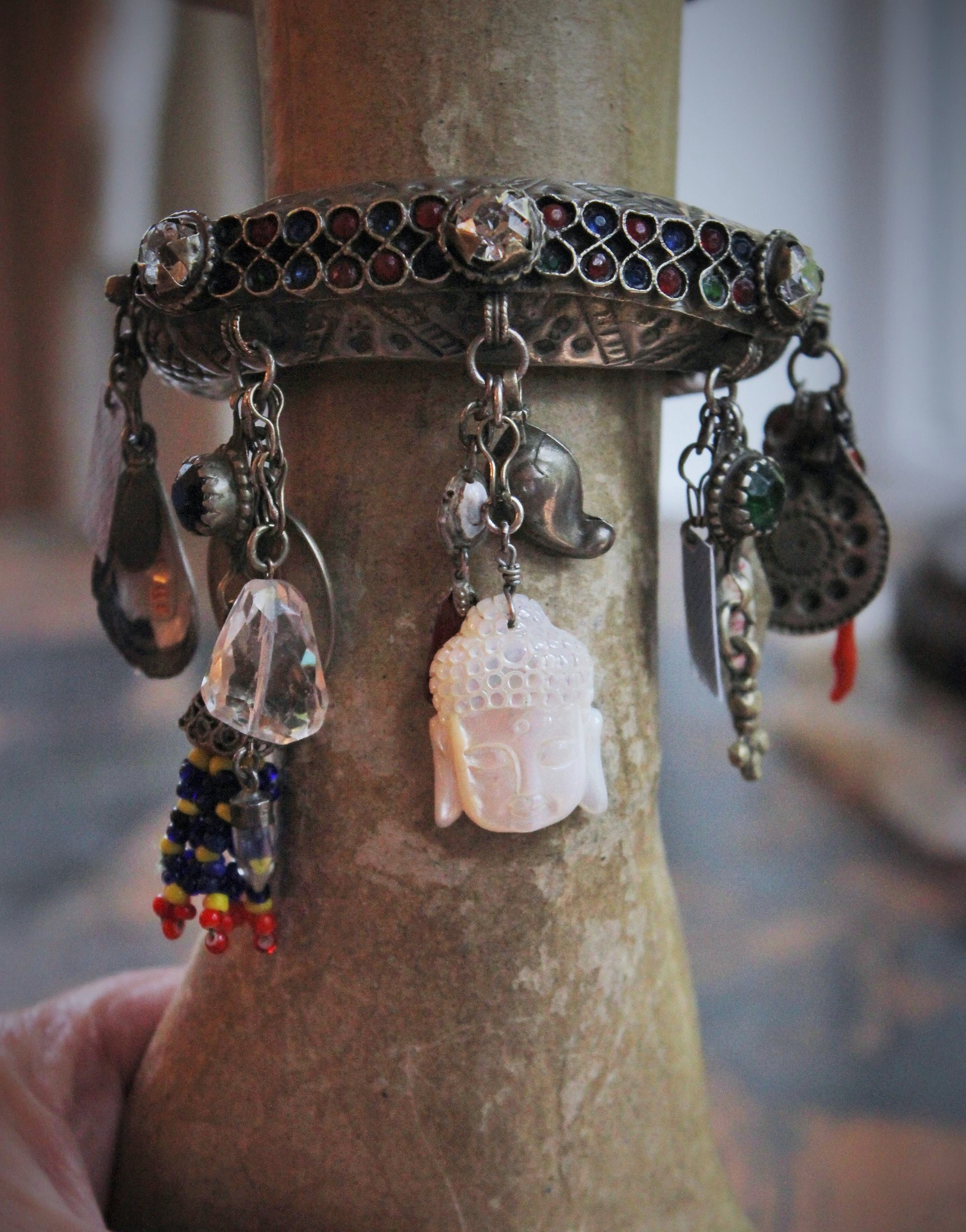 Unique Antique Gypsy Nomad Cuff Bracelet w/Inset Faceted Crystal Stones,Faceted Rock Quartz,2 Miniature Tarot Cards,Red Coral Stick,Found Shells +More!