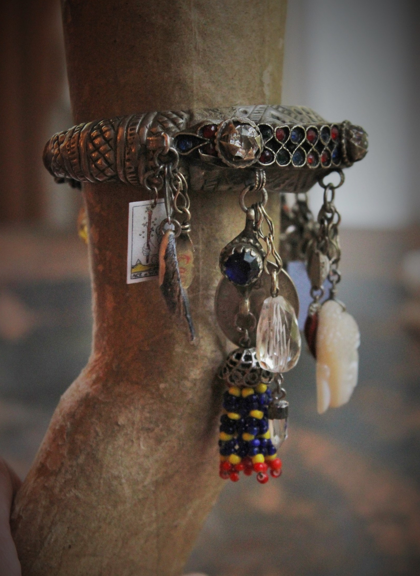 Unique Antique Gypsy Nomad Cuff Bracelet w/Inset Faceted Crystal Stones,Faceted Rock Quartz,2 Miniature Tarot Cards,Red Coral Stick,Found Shells +More!