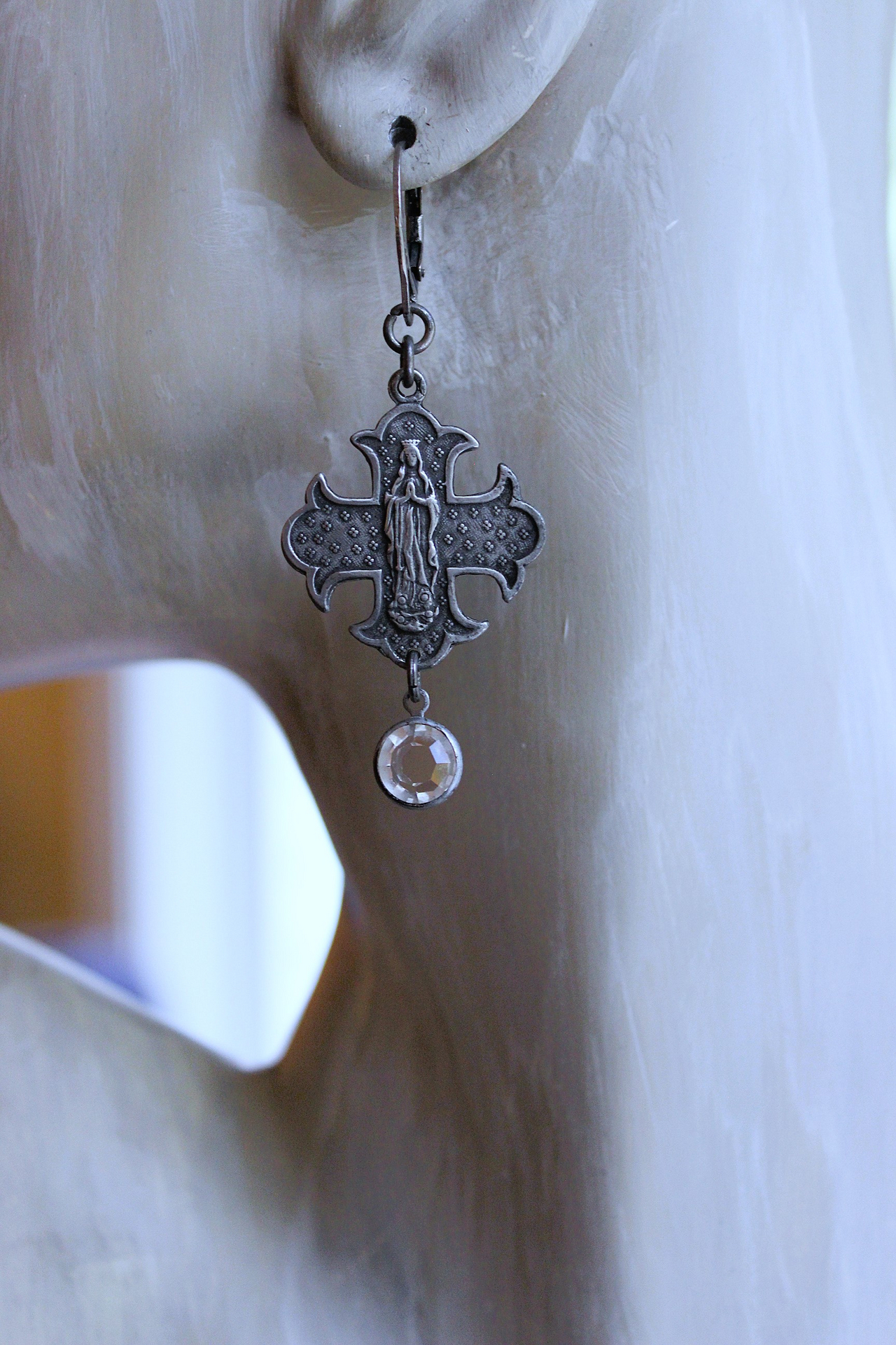 NEW! French Marian Medal Earrings with Vintage Flat Faceted Crystal Drops & Sterling Leverback Earring Wires
