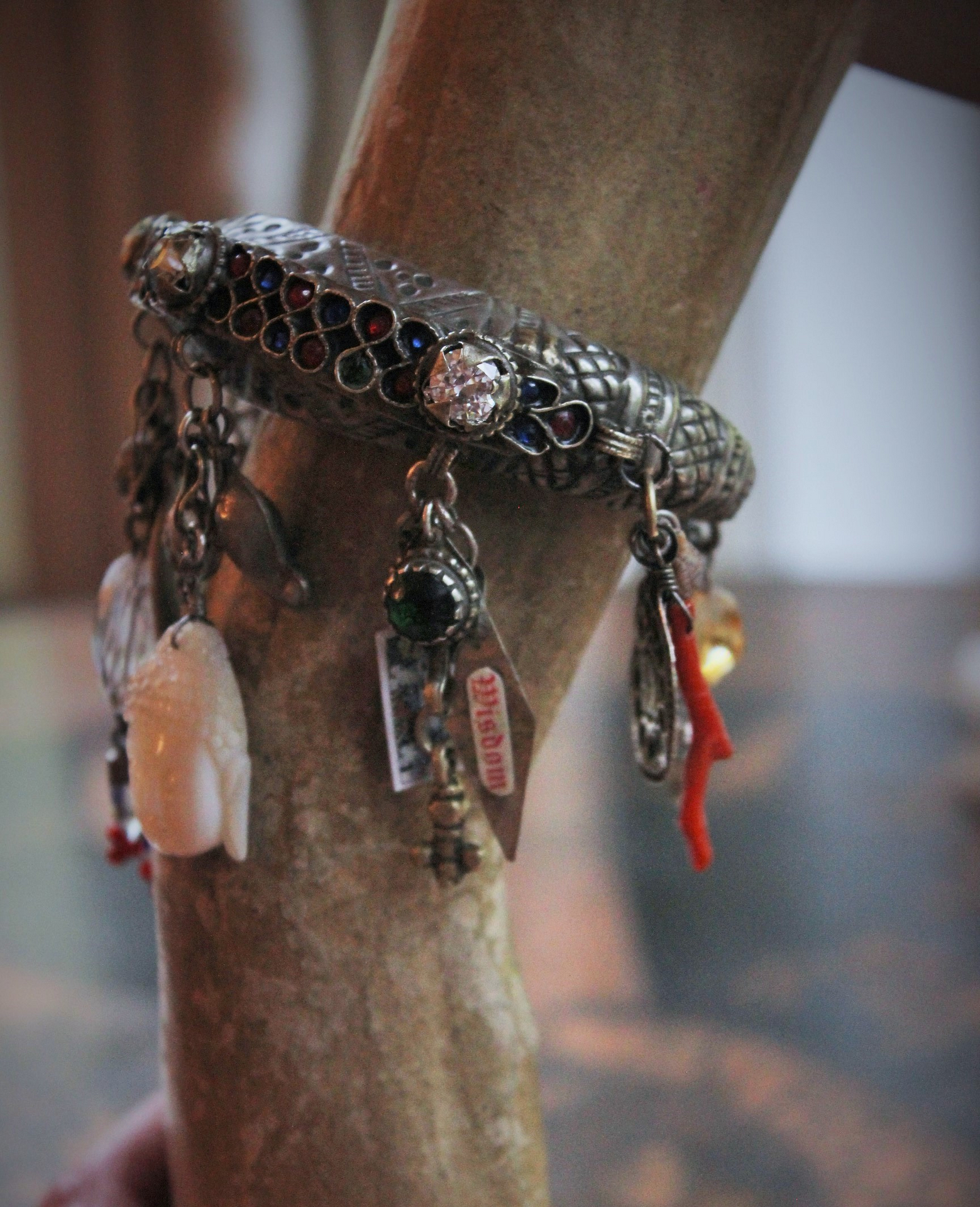 Unique Antique Gypsy Nomad Cuff Bracelet w/Inset Faceted Crystal Stones,Faceted Rock Quartz,2 Miniature Tarot Cards,Red Coral Stick,Found Shells +More!