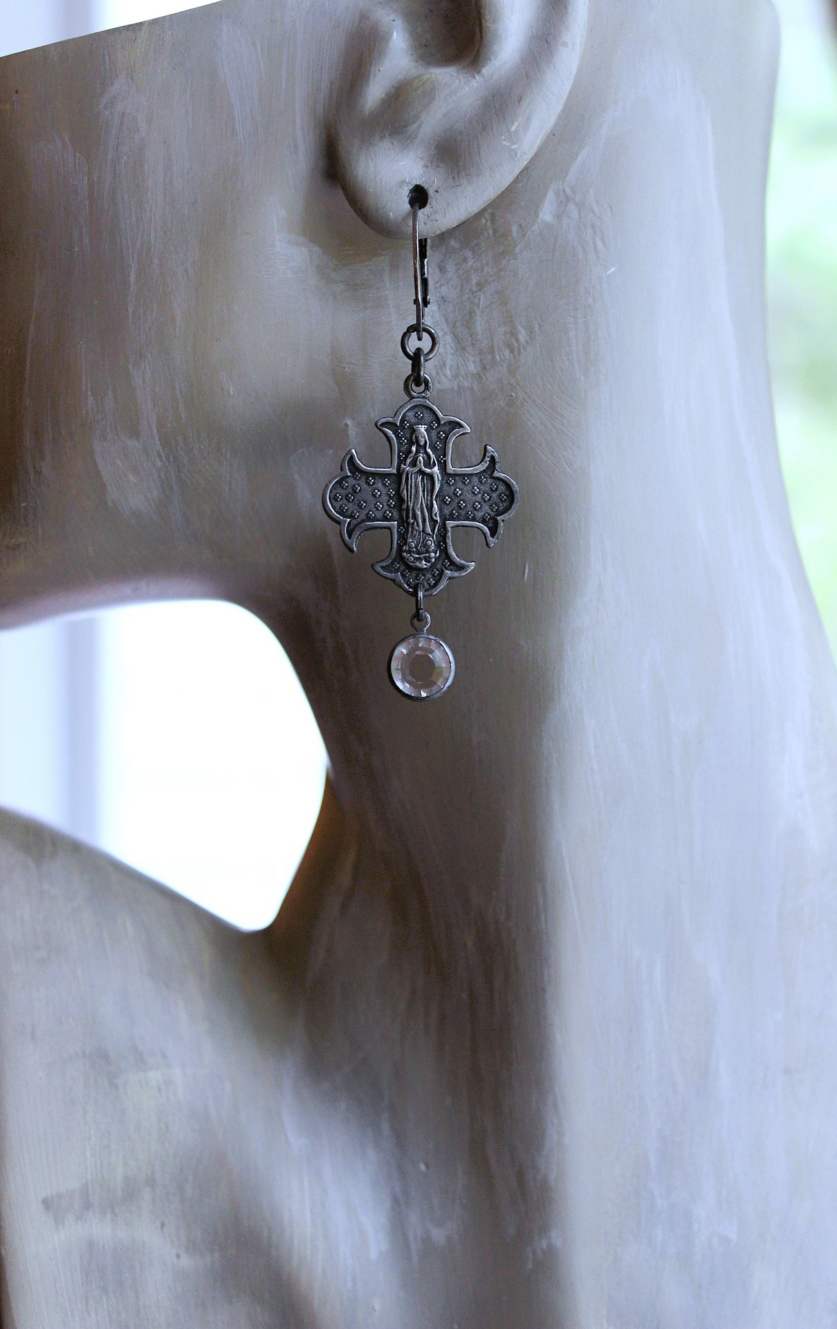 NEW! French Marian Medal Earrings with Vintage Flat Faceted Crystal Drops & Sterling Leverback Earring Wires