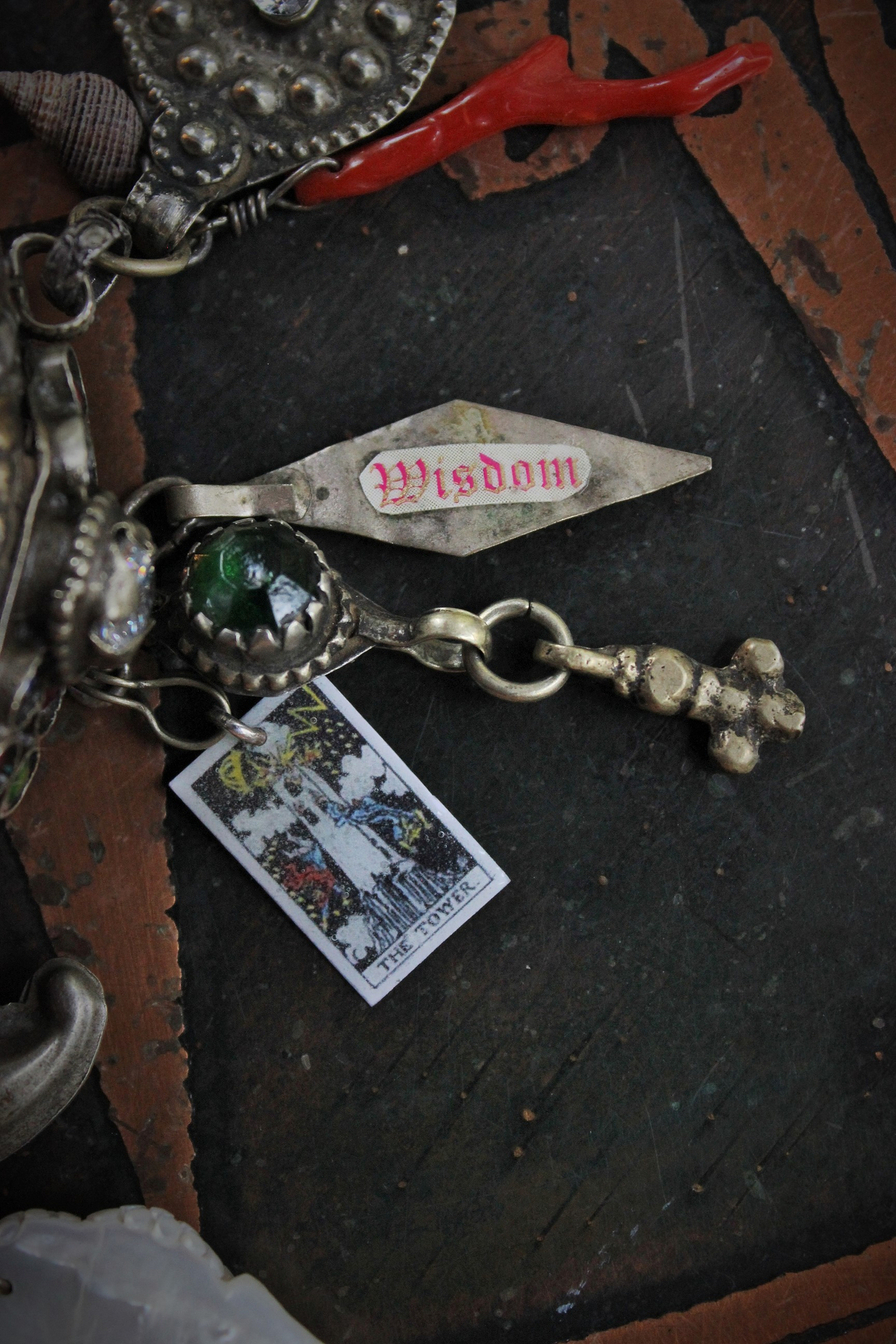 Unique Antique Gypsy Nomad Cuff Bracelet w/Inset Faceted Crystal Stones,Faceted Rock Quartz,2 Miniature Tarot Cards,Red Coral Stick,Found Shells +More!