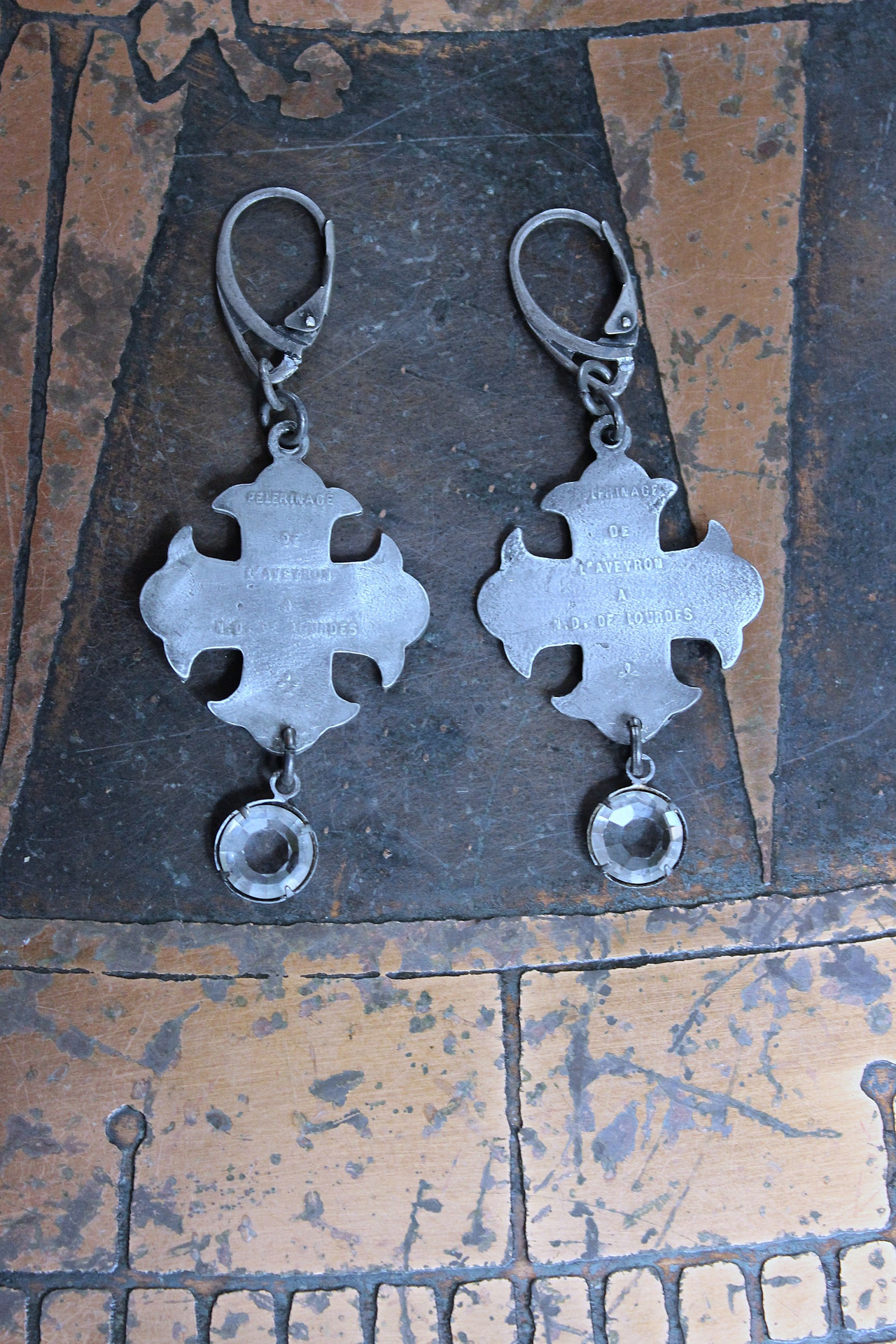 NEW! French Marian Medal Earrings with Vintage Flat Faceted Crystal Drops & Sterling Leverback Earring Wires