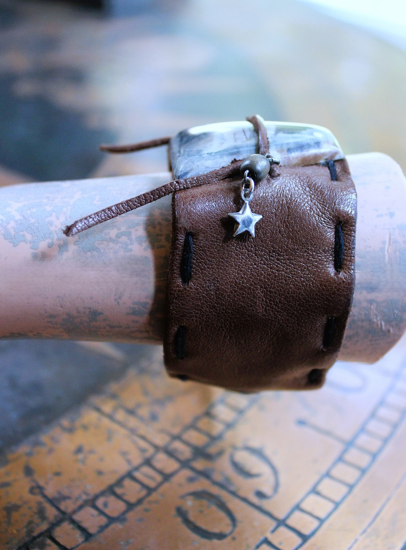 NEW! Unique Leather Cuff Bracelet with Picture Jasper,Sterling Moon, Star & Capped Clear Rock Quartz Point, Druzy Crystal & More!