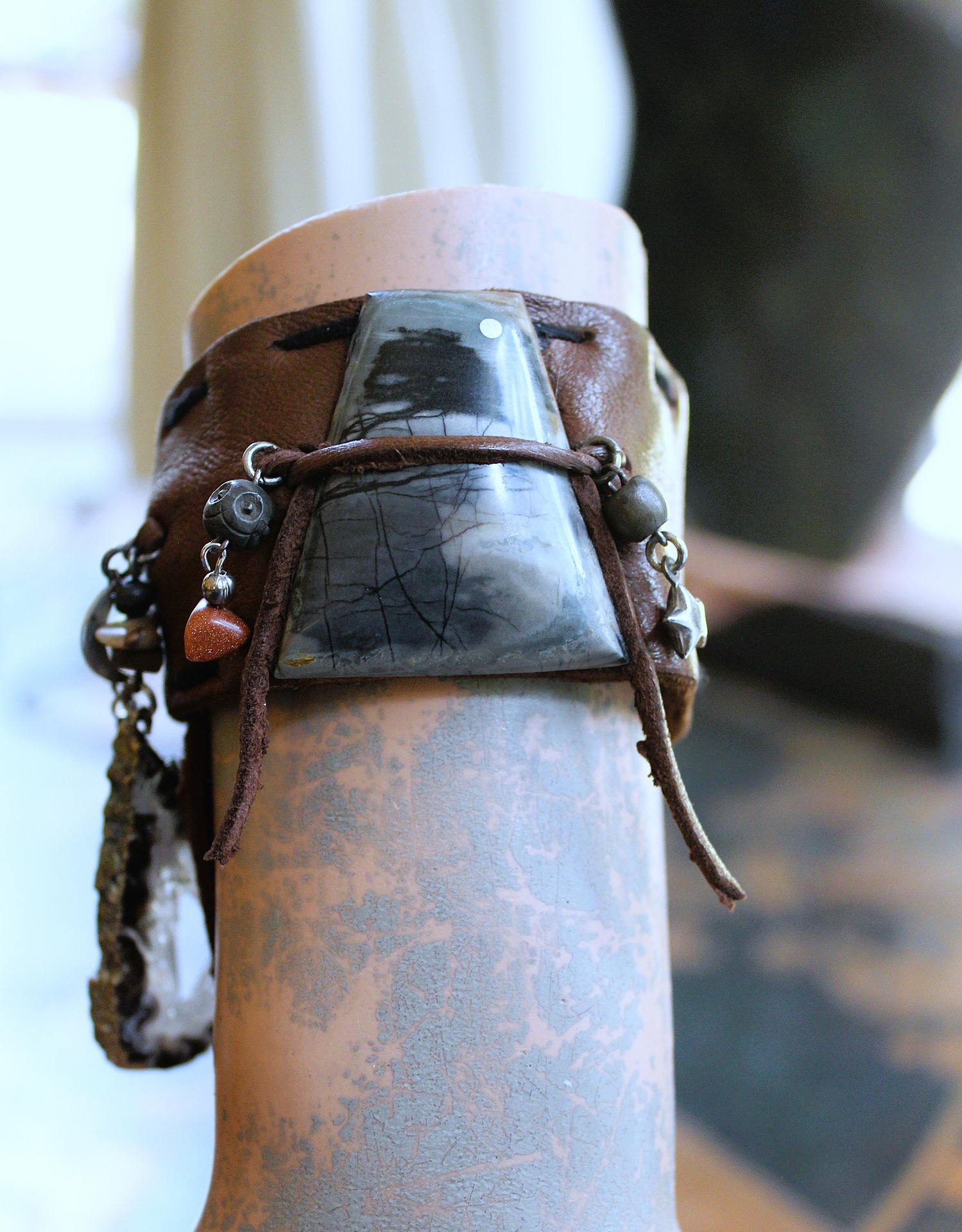 NEW! Unique Leather Cuff Bracelet with Picture Jasper,Sterling Moon, Star & Capped Clear Rock Quartz Point, Druzy Crystal & More!
