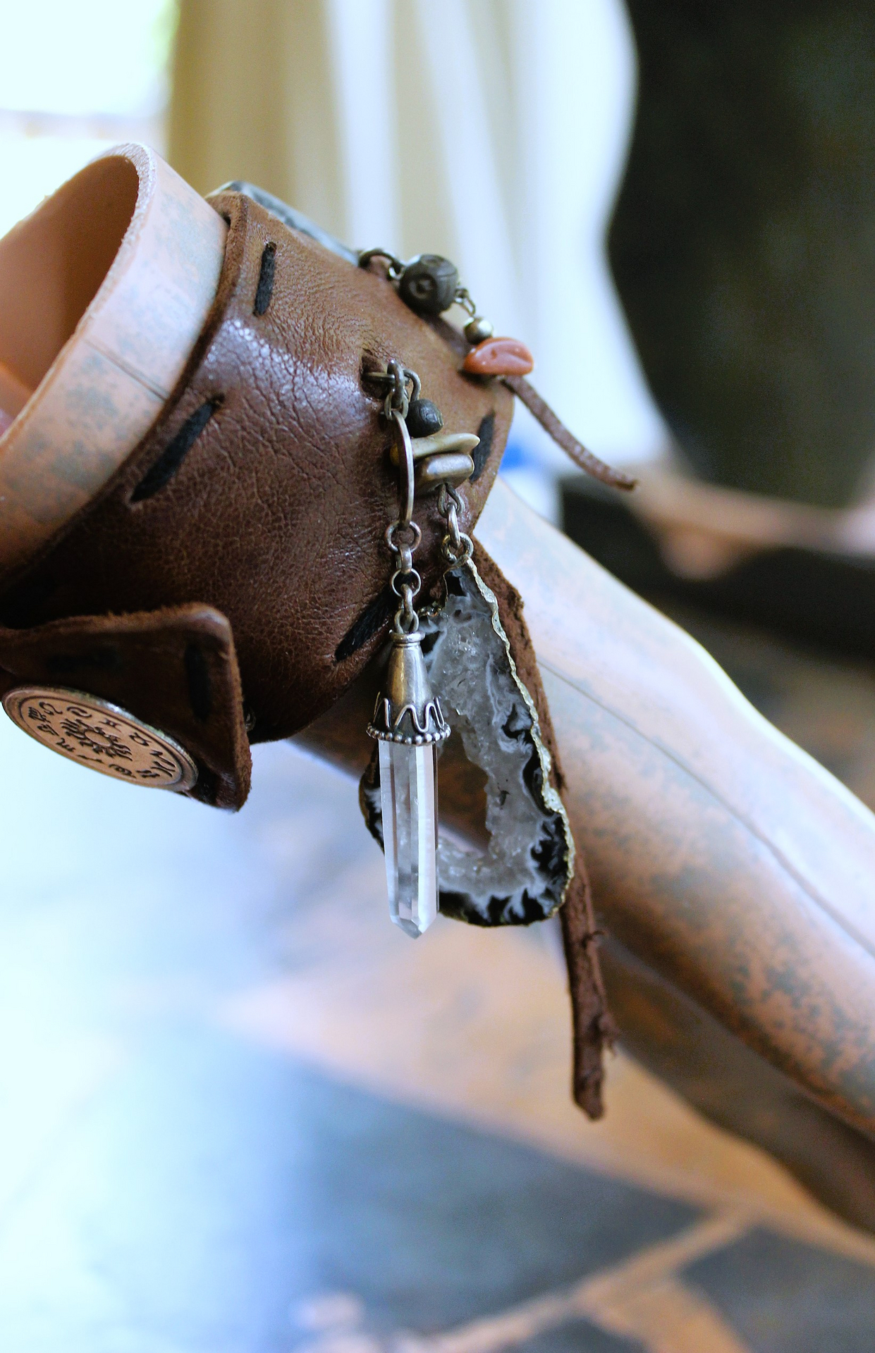 NEW! Unique Leather Cuff Bracelet with Picture Jasper,Sterling Moon, Star & Capped Clear Rock Quartz Point, Druzy Crystal & More!