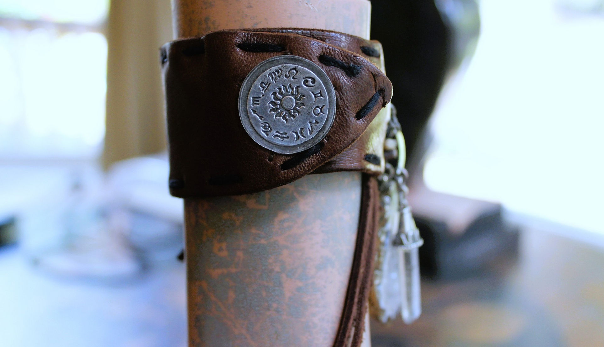 NEW! Unique Leather Cuff Bracelet with Picture Jasper,Sterling Moon, Star & Capped Clear Rock Quartz Point, Druzy Crystal & More!