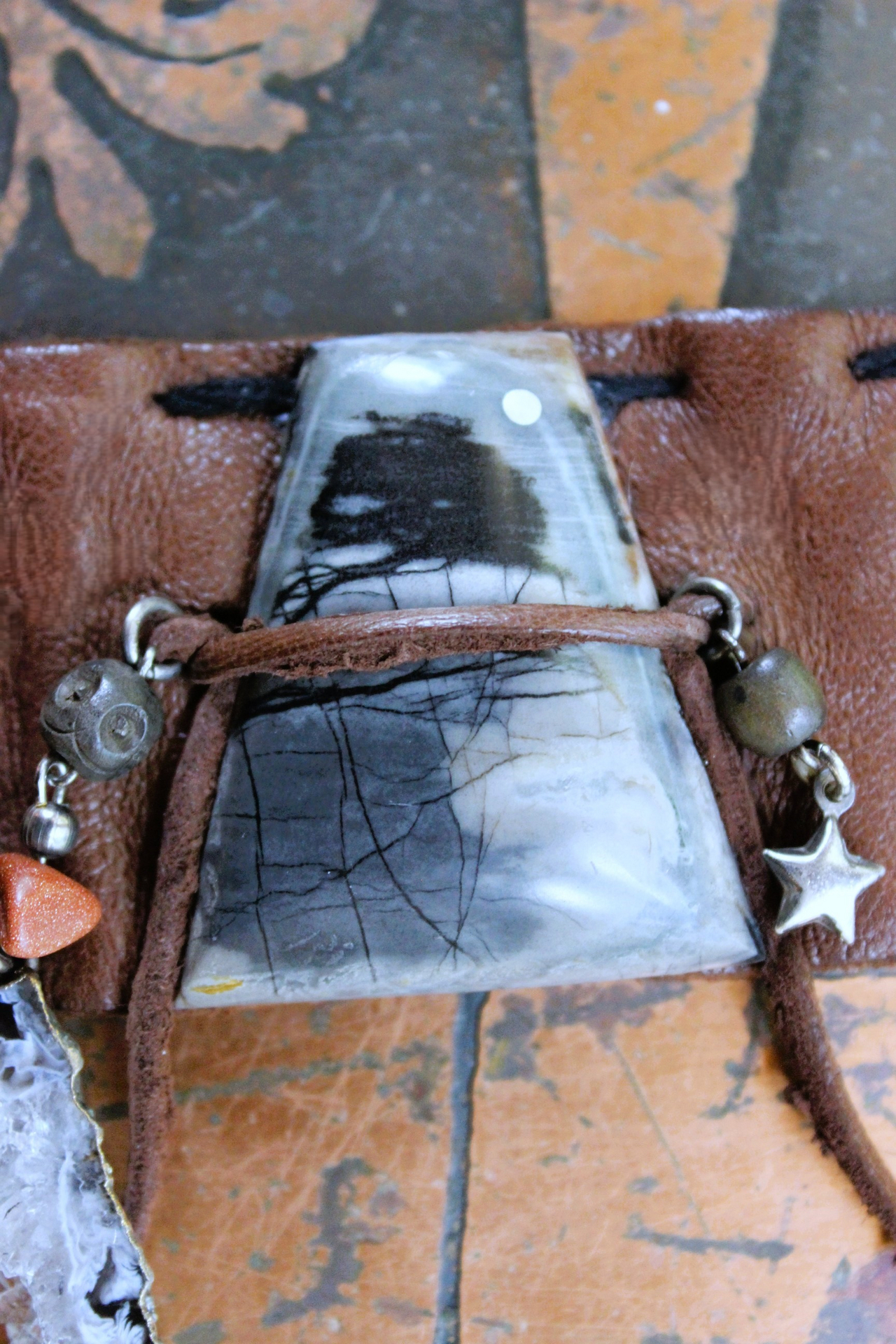 NEW! Unique Leather Cuff Bracelet with Picture Jasper,Sterling Moon, Star & Capped Clear Rock Quartz Point, Druzy Crystal & More!