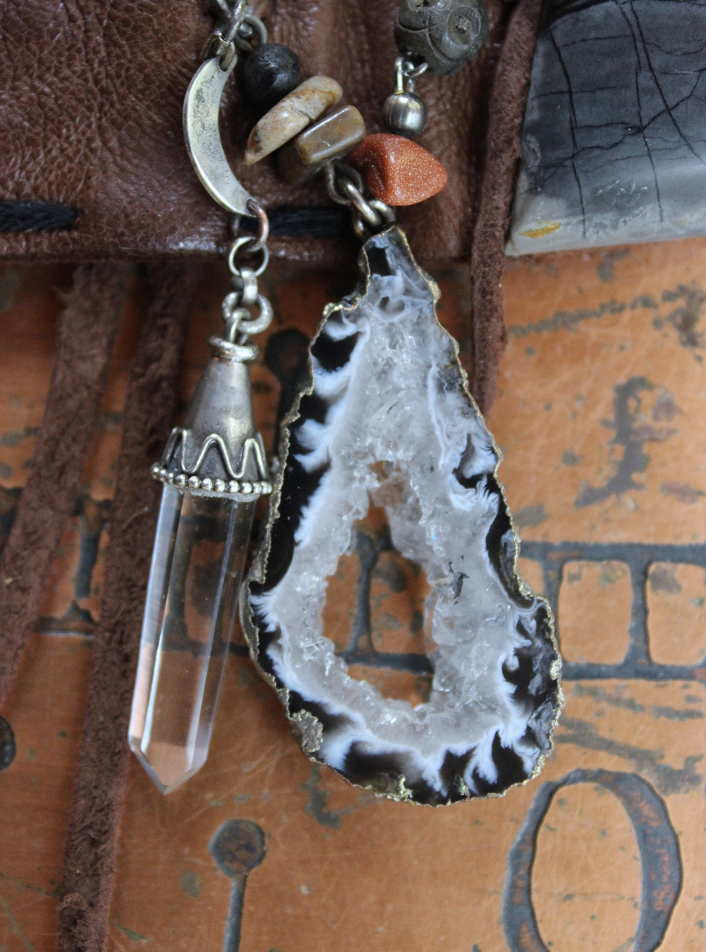 NEW! Unique Leather Cuff Bracelet with Picture Jasper,Sterling Moon, Star & Capped Clear Rock Quartz Point, Druzy Crystal & More!