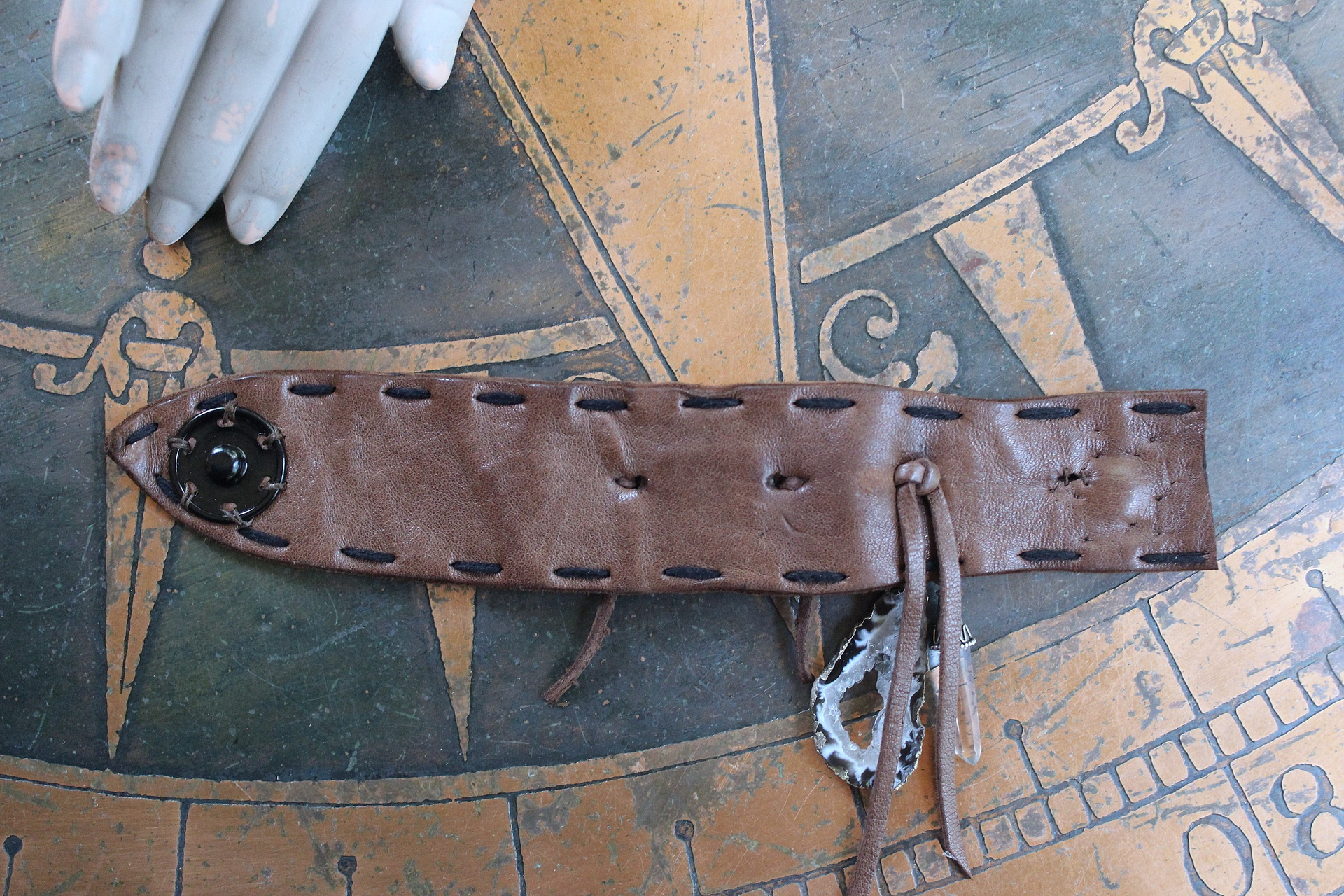 NEW! Unique Leather Cuff Bracelet with Picture Jasper,Sterling Moon, Star & Capped Clear Rock Quartz Point, Druzy Crystal & More!