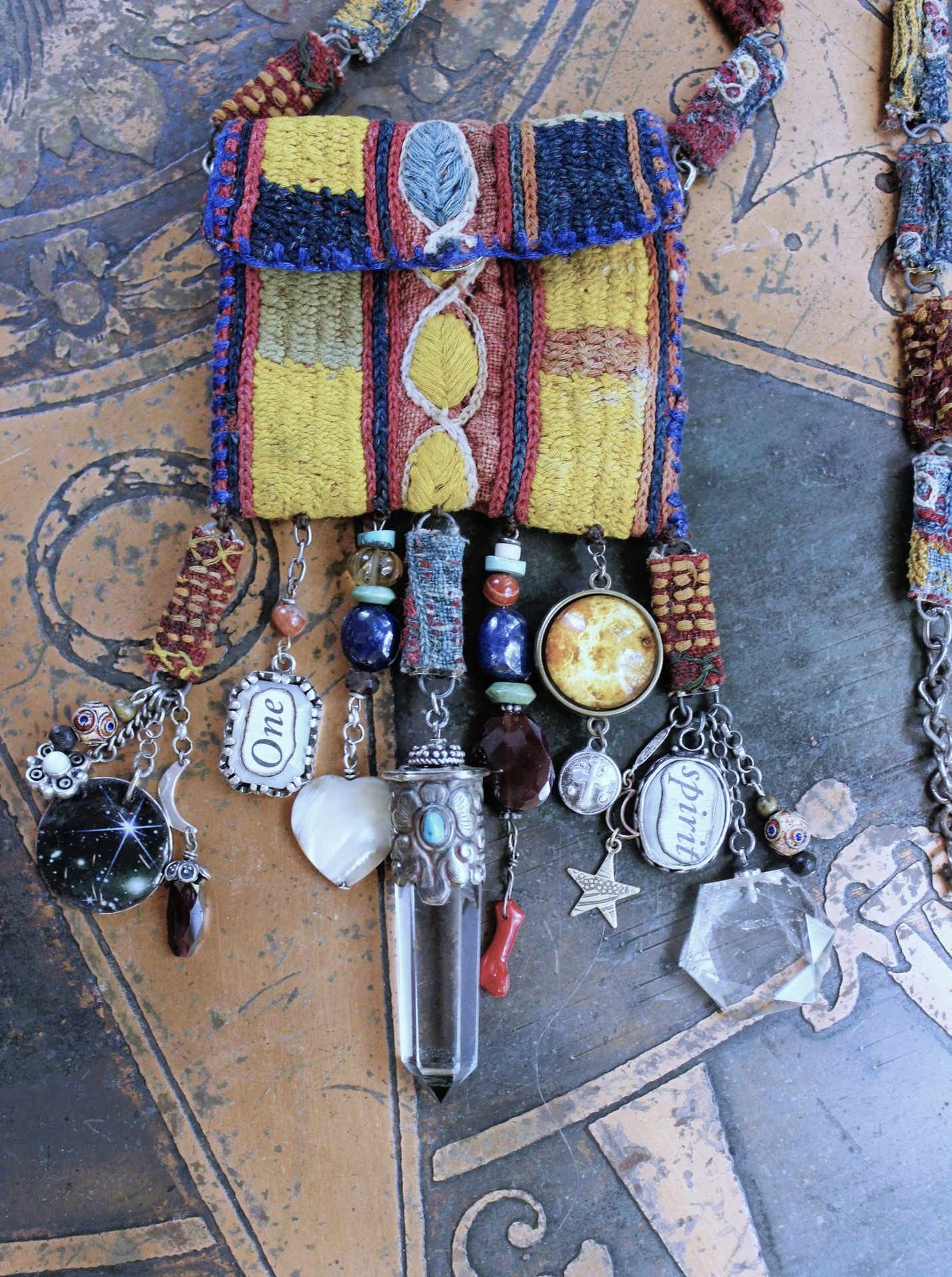NEW! The Soul Necklace w/Antique Lambani Textile Pouch & Chain, Silver Capped Clear Quartz Point,Star,Moon & Multiple Dangles