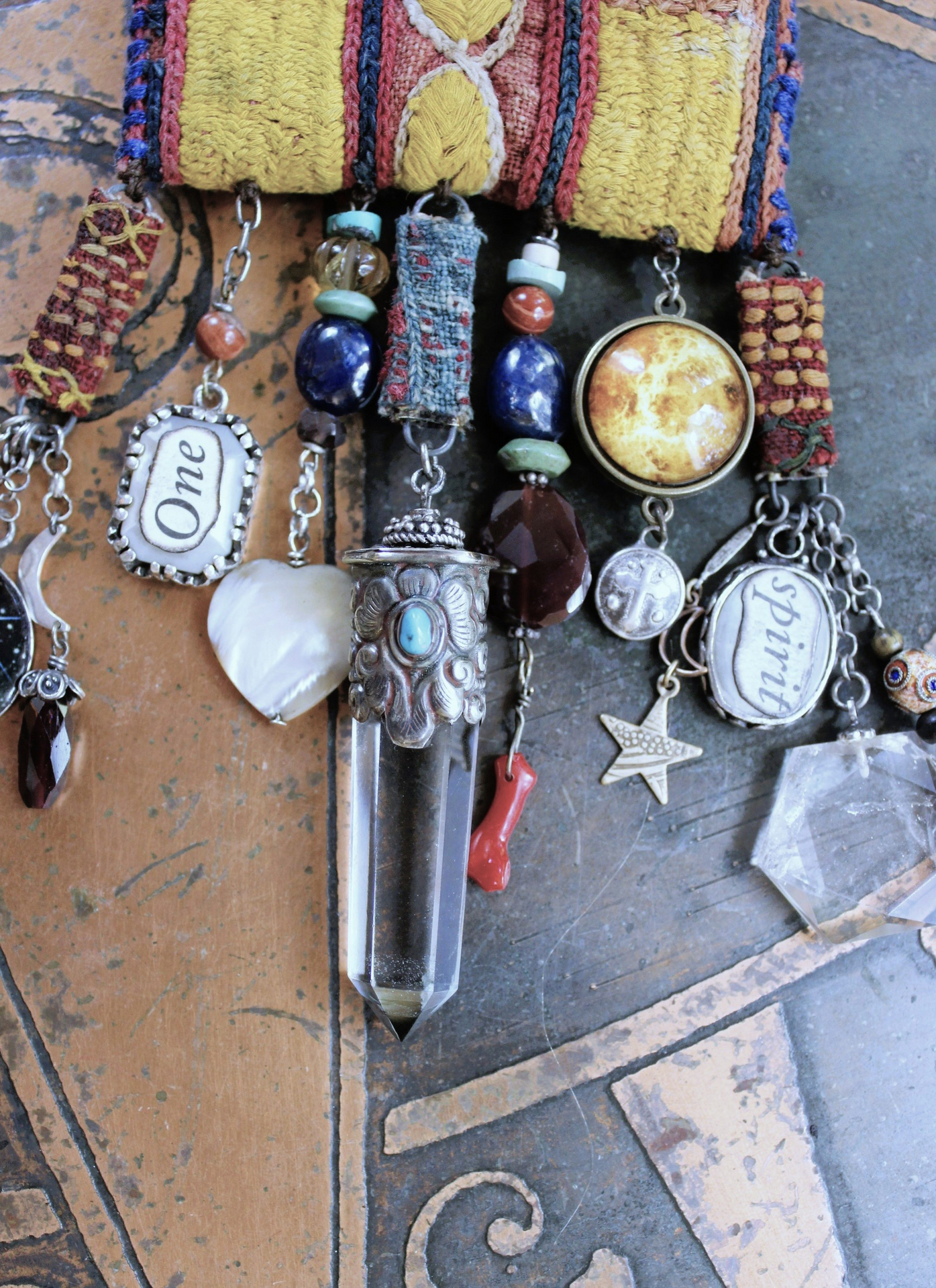 NEW! The Soul Necklace w/Antique Lambani Textile Pouch & Chain, Silver Capped Clear Quartz Point,Star,Moon & Multiple Dangles