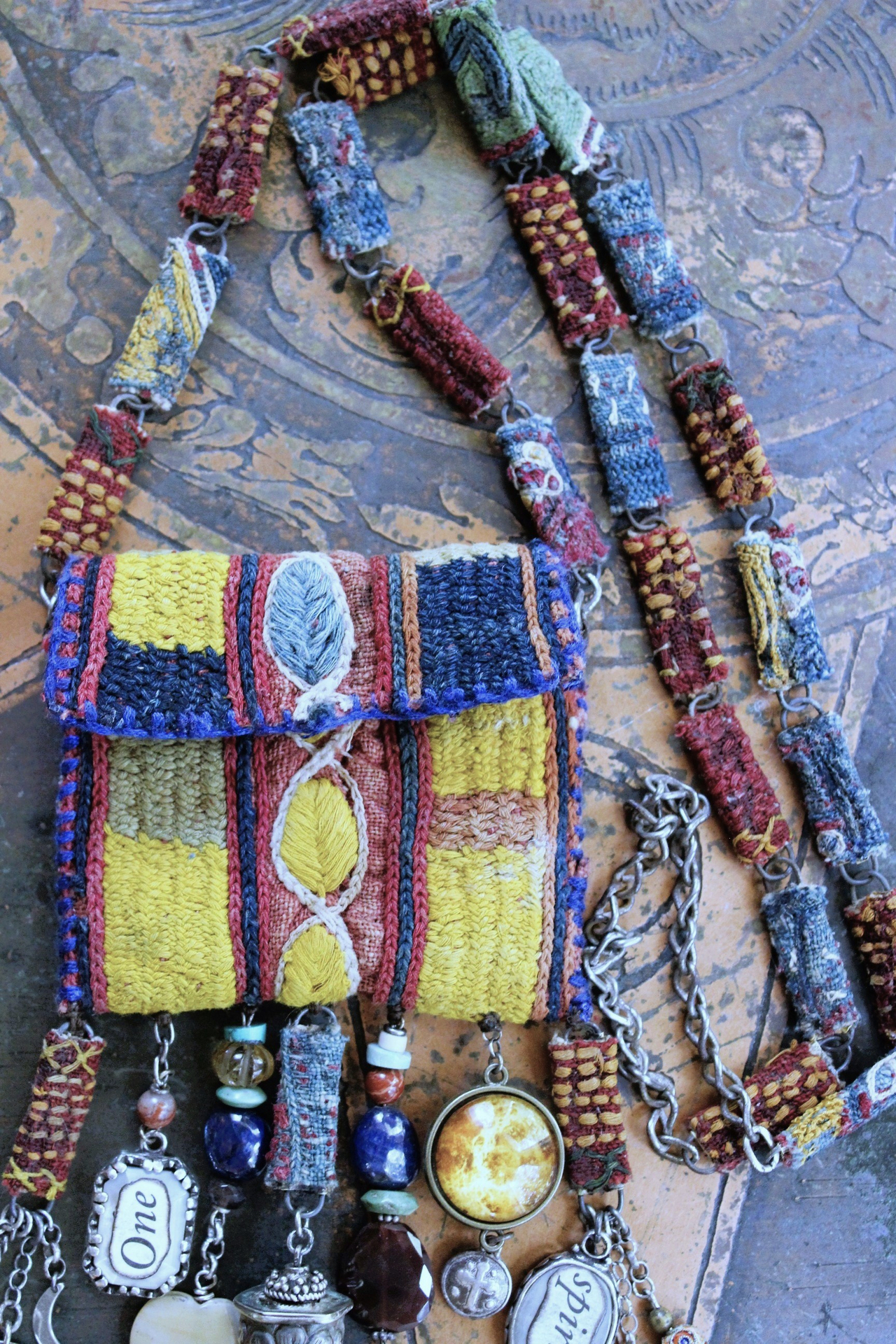 NEW! The Soul Necklace w/Antique Lambani Textile Pouch & Chain, Silver Capped Clear Quartz Point,Star,Moon & Multiple Dangles