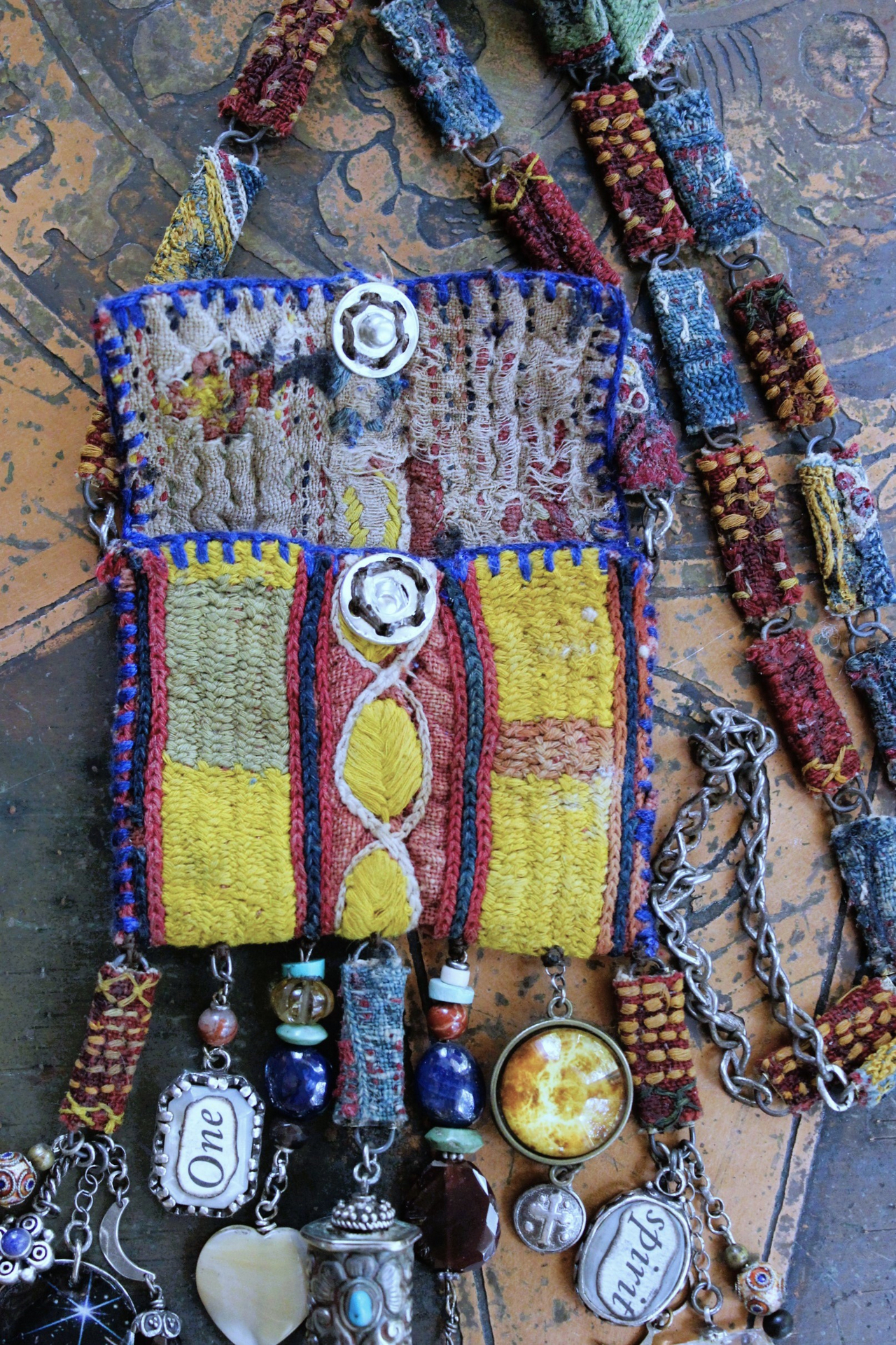 NEW! The Soul Necklace w/Antique Lambani Textile Pouch & Chain, Silver Capped Clear Quartz Point,Star,Moon & Multiple Dangles