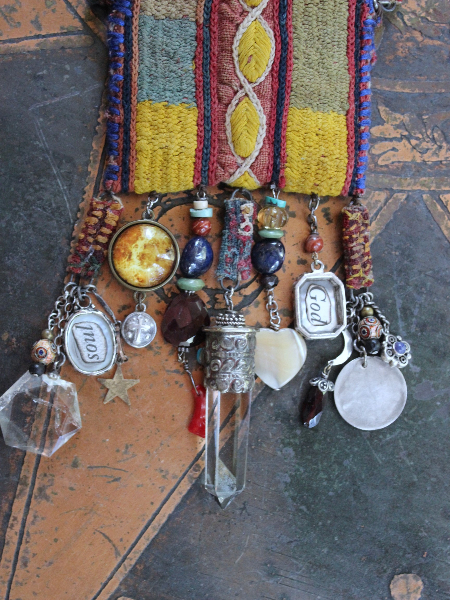 NEW! The Soul Necklace w/Antique Lambani Textile Pouch & Chain, Silver Capped Clear Quartz Point,Star,Moon & Multiple Dangles