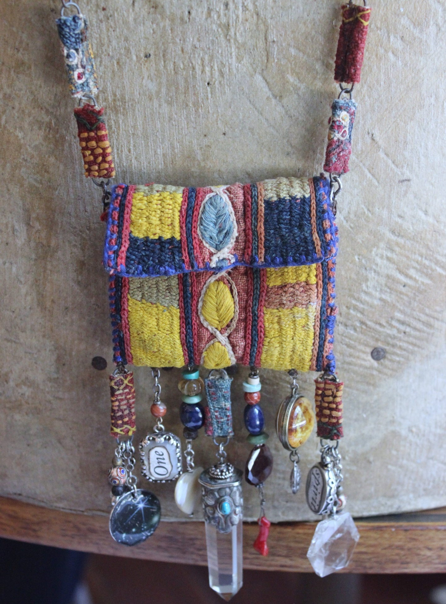 NEW! The Soul Necklace w/Antique Lambani Textile Pouch & Chain, Silver Capped Clear Quartz Point,Star,Moon & Multiple Dangles