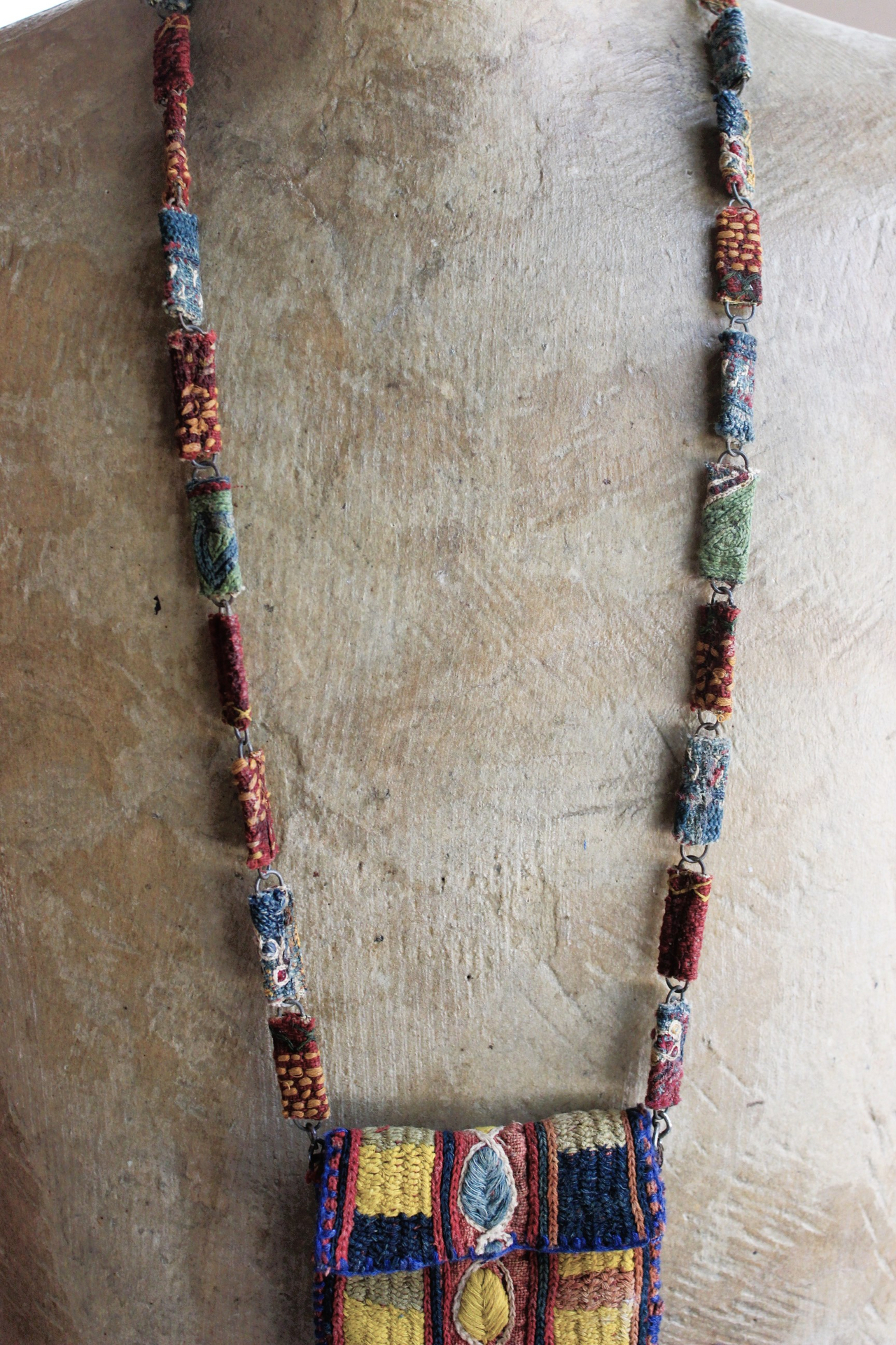 NEW! The Soul Necklace w/Antique Lambani Textile Pouch & Chain, Silver Capped Clear Quartz Point,Star,Moon & Multiple Dangles
