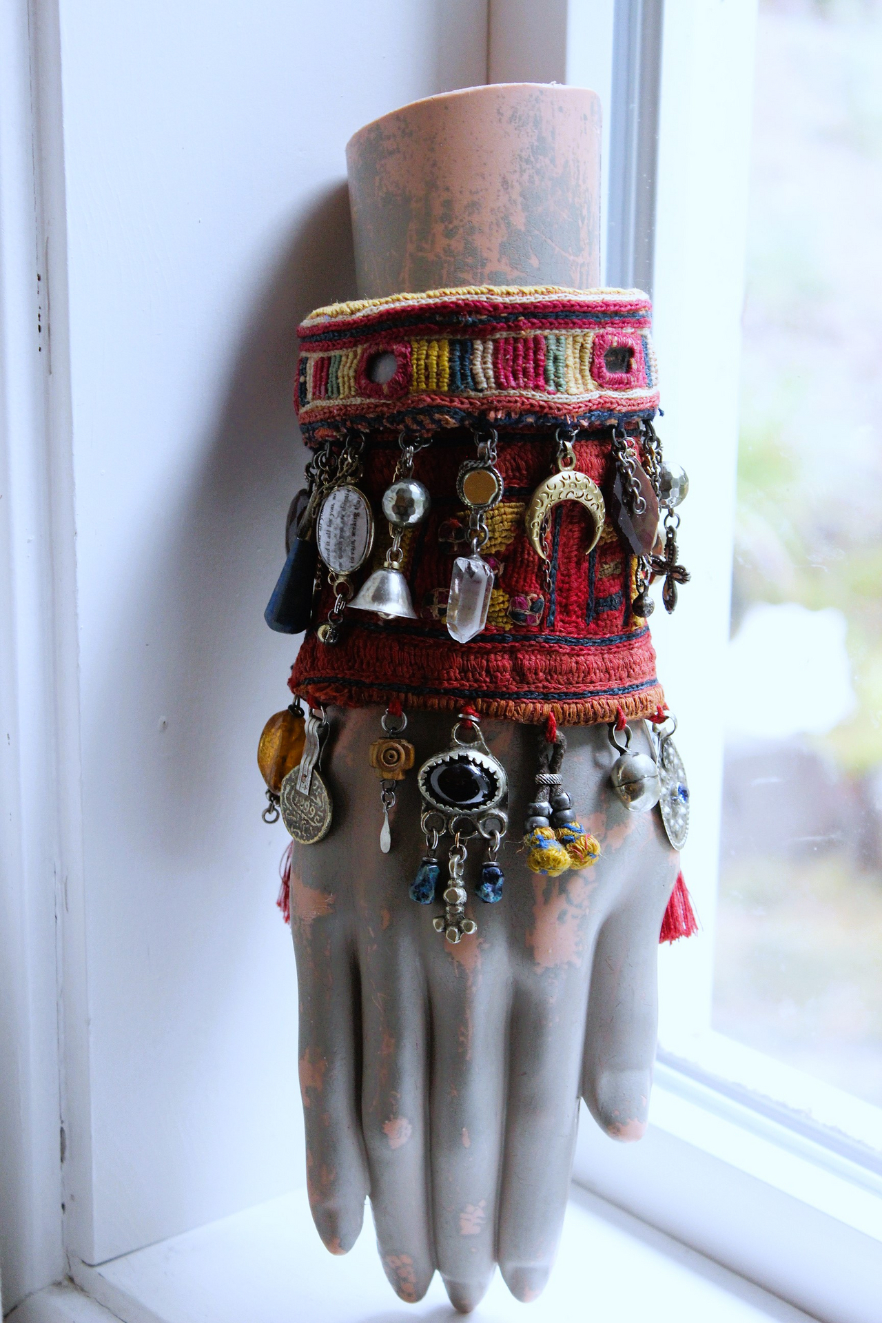 NEW! Antique Lambani Textile Cuff Bracelet Set with Faceted Garnets, Polished Garnet Cabochon Amber, Multiple Dangles & Drops