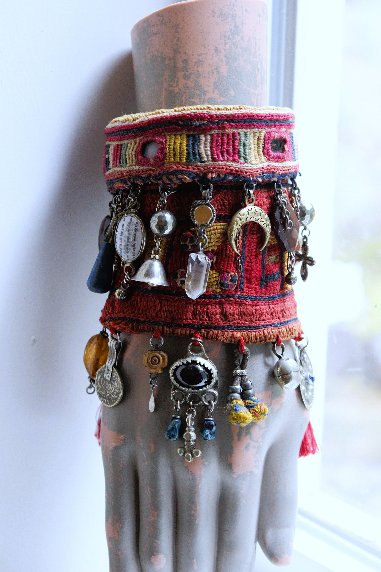 NEW! Antique Lambani Textile Cuff Bracelet Set with Faceted Garnets, Polished Garnet Cabochon Amber, Multiple Dangles & Drops