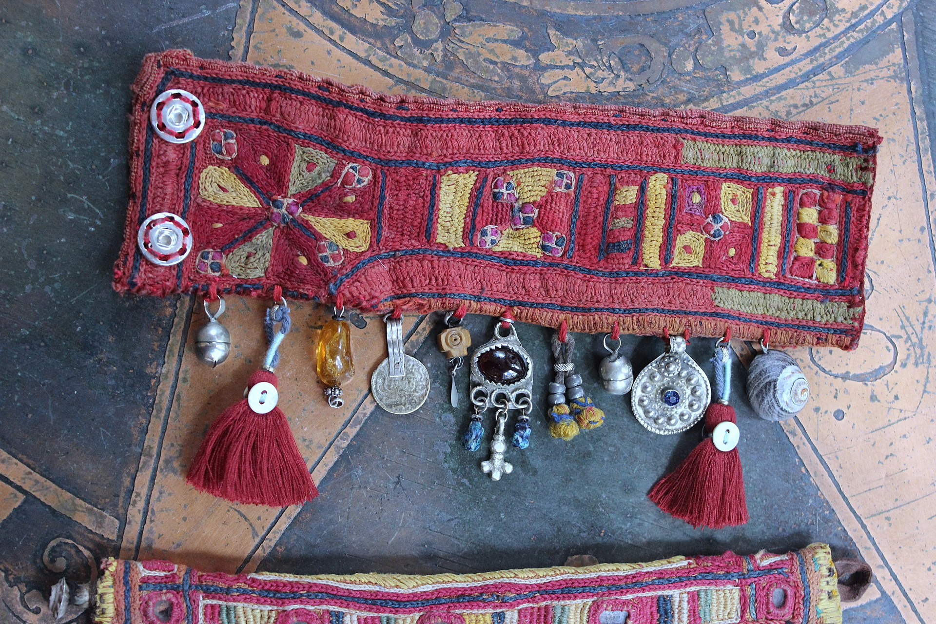 NEW! Antique Lambani Textile Cuff Bracelet Set with Faceted Garnets, Polished Garnet Cabochon Amber, Multiple Dangles & Drops