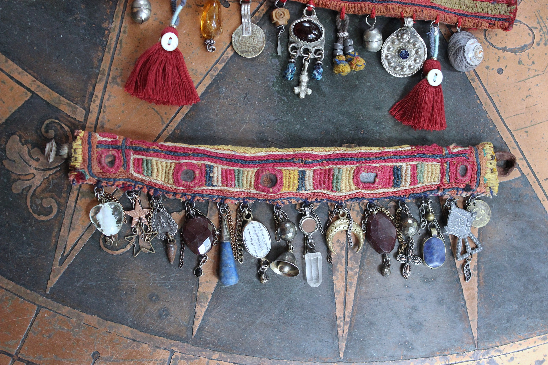 NEW! Antique Lambani Textile Cuff Bracelet Set with Faceted Garnets, Polished Garnet Cabochon Amber, Multiple Dangles & Drops