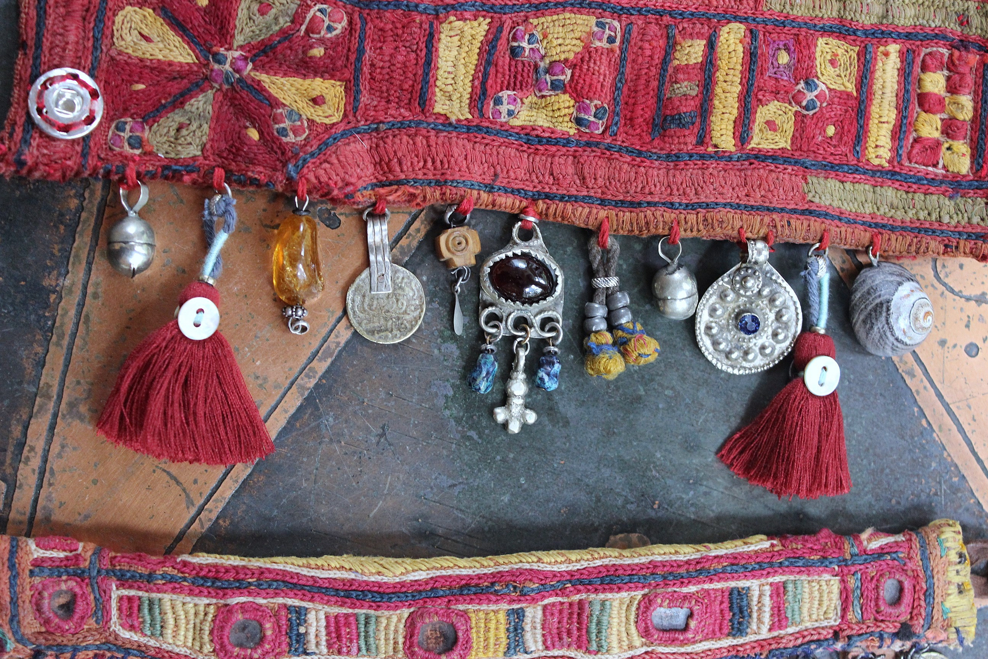 NEW! Antique Lambani Textile Cuff Bracelet Set with Faceted Garnets, Polished Garnet Cabochon Amber, Multiple Dangles & Drops