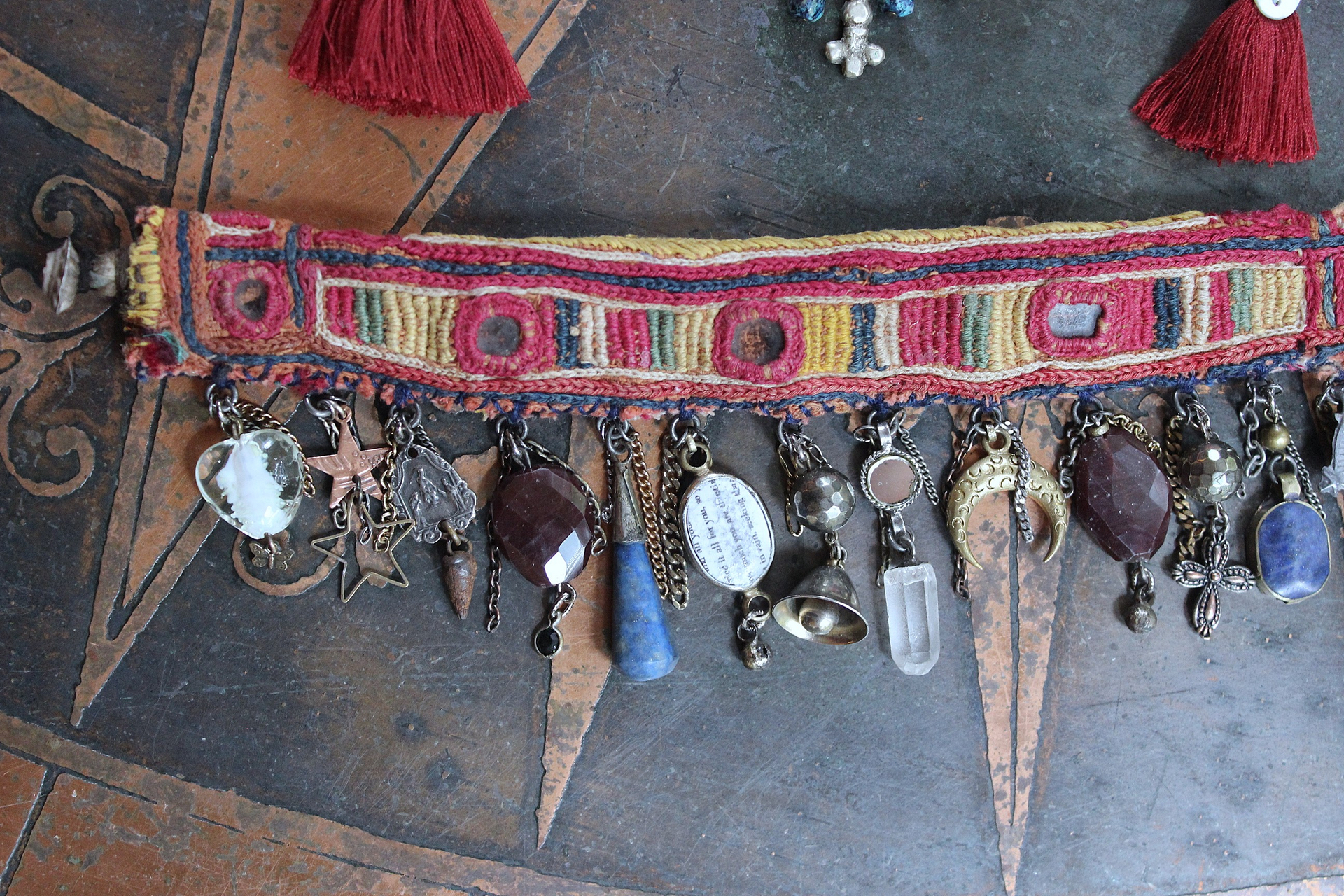 NEW! Antique Lambani Textile Cuff Bracelet Set with Faceted Garnets, Polished Garnet Cabochon Amber, Multiple Dangles & Drops