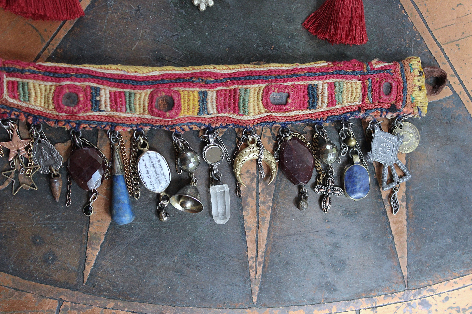 NEW! Antique Lambani Textile Cuff Bracelet Set with Faceted Garnets, Polished Garnet Cabochon Amber, Multiple Dangles & Drops