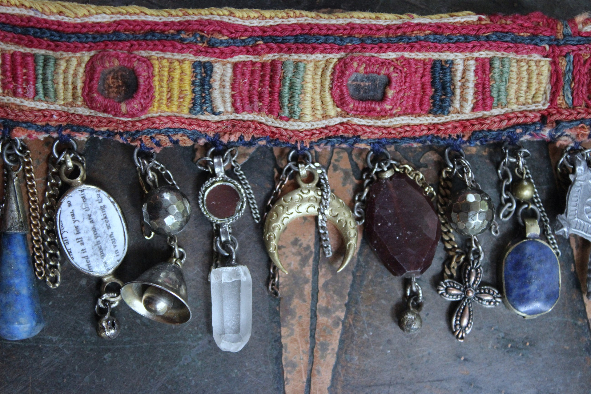 NEW! Antique Lambani Textile Cuff Bracelet Set with Faceted Garnets, Polished Garnet Cabochon Amber, Multiple Dangles & Drops