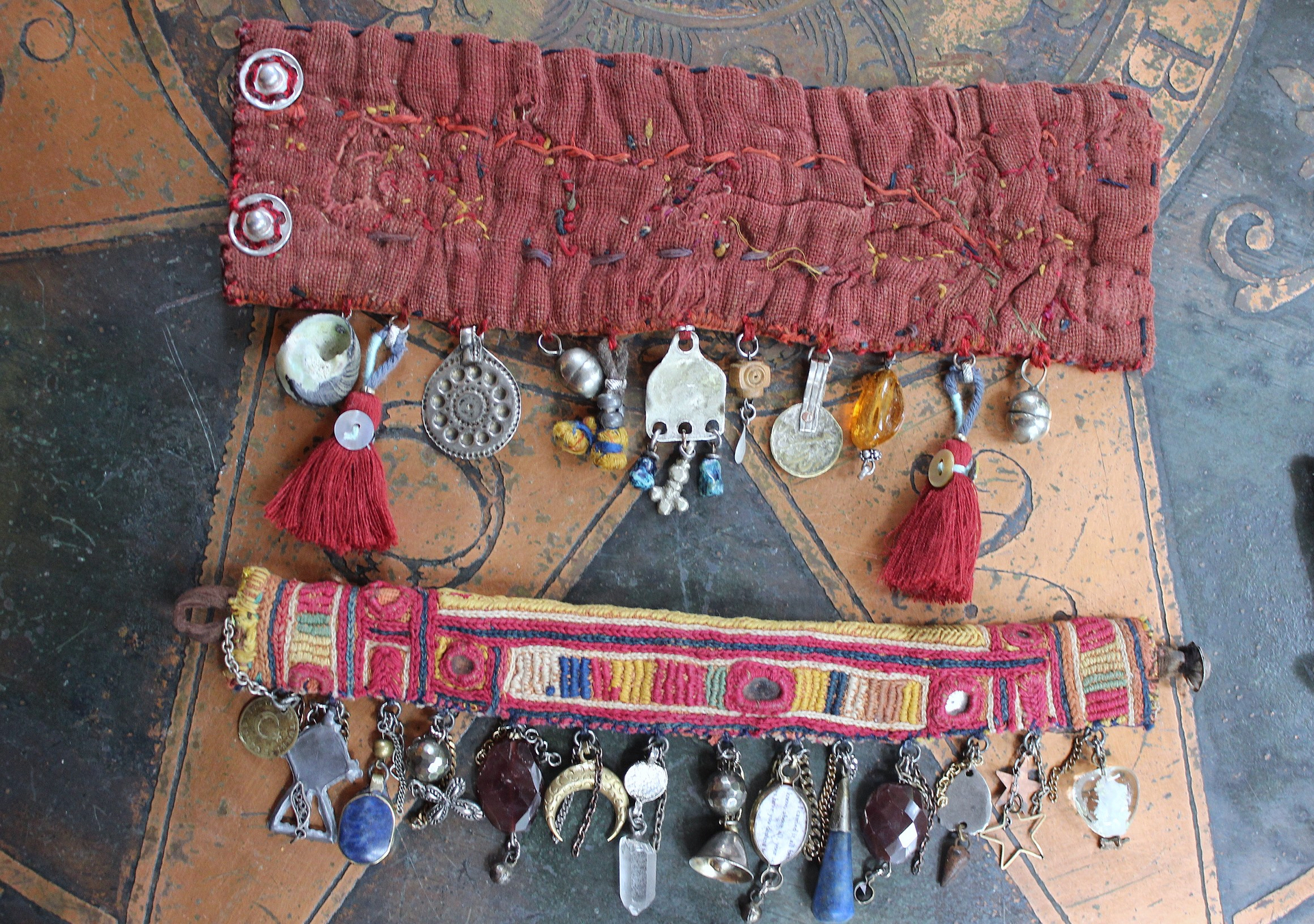 NEW! Antique Lambani Textile Cuff Bracelet Set with Faceted Garnets, Polished Garnet Cabochon Amber, Multiple Dangles & Drops