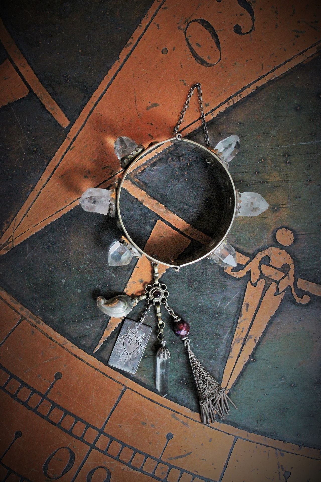 The Swords of Love Antique Gypsy Bracelet w/Crystal Rock Quartz Points,Sterling Engraved 3 Swords Tarot Medal,Faceted Rock Quartz,Antique Sterling Tassel + More!