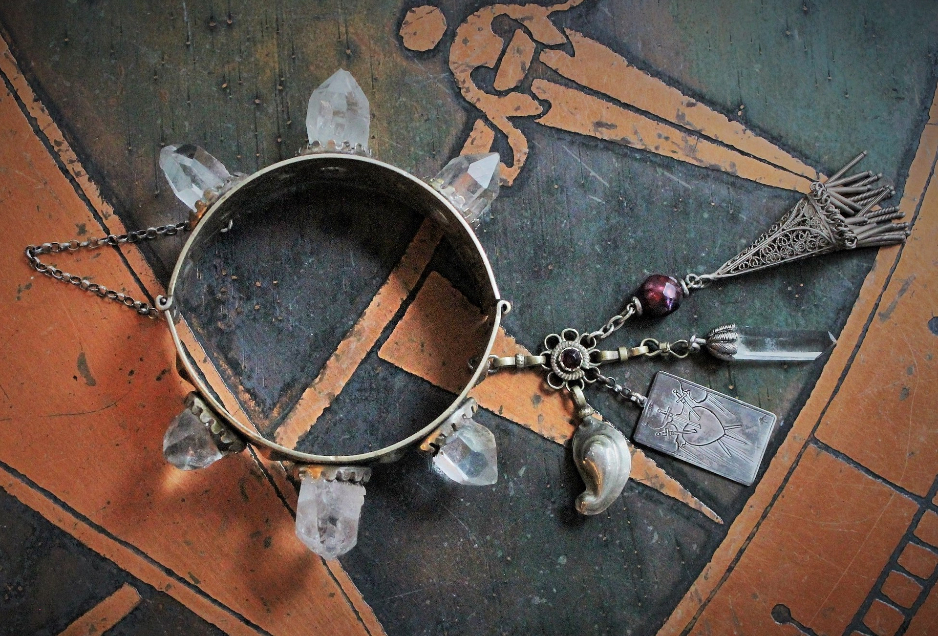 The Swords of Love Antique Gypsy Bracelet w/Crystal Rock Quartz Points,Sterling Engraved 3 Swords Tarot Medal,Faceted Rock Quartz,Antique Sterling Tassel + More!