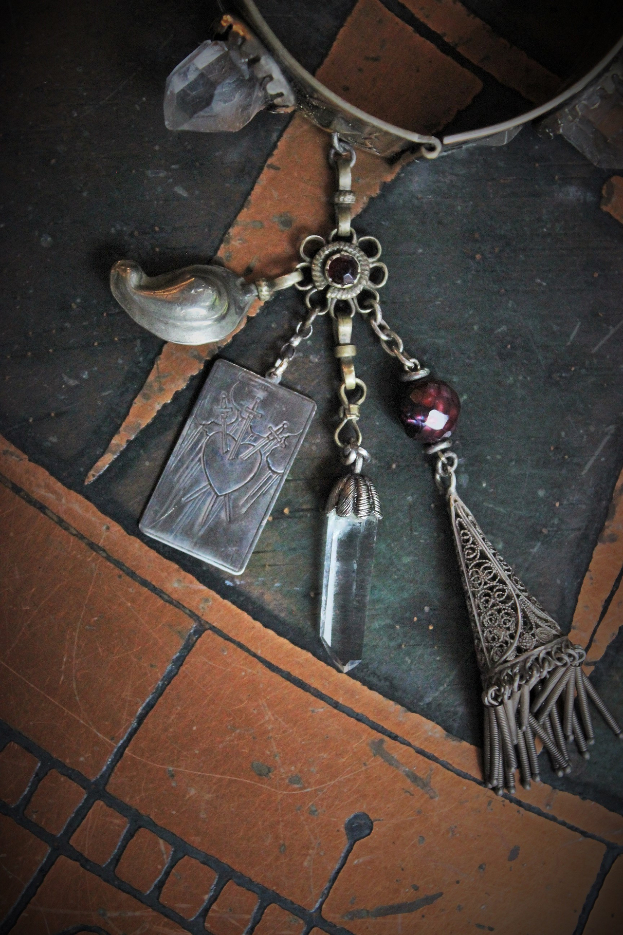 The Swords of Love Antique Gypsy Bracelet w/Crystal Rock Quartz Points,Sterling Engraved 3 Swords Tarot Medal,Faceted Rock Quartz,Antique Sterling Tassel + More!