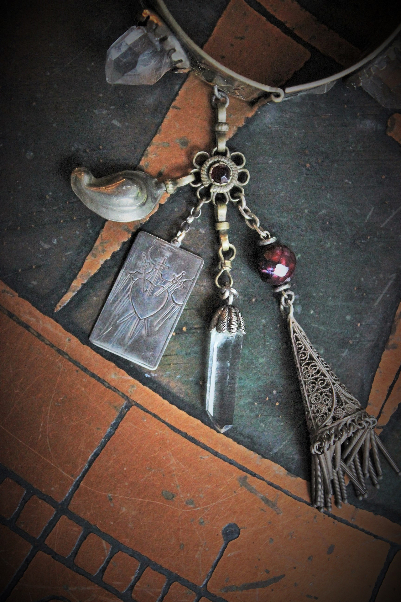 The Swords of Love Antique Gypsy Bracelet w/Crystal Rock Quartz Points,Sterling Engraved 3 Swords Tarot Medal,Faceted Rock Quartz,Antique Sterling Tassel + More!