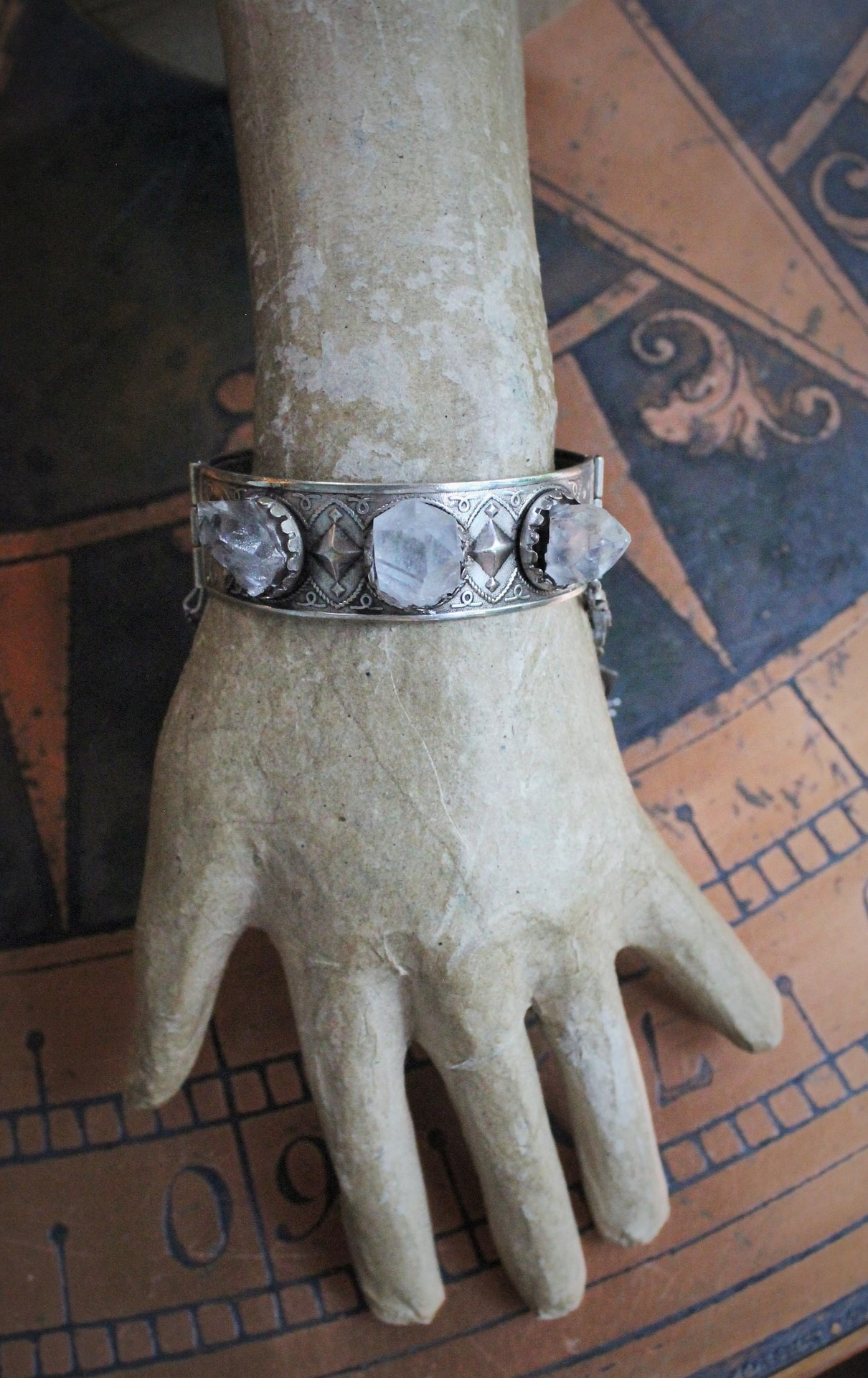 The Swords of Love Antique Gypsy Bracelet w/Crystal Rock Quartz Points,Sterling Engraved 3 Swords Tarot Medal,Faceted Rock Quartz,Antique Sterling Tassel + More!