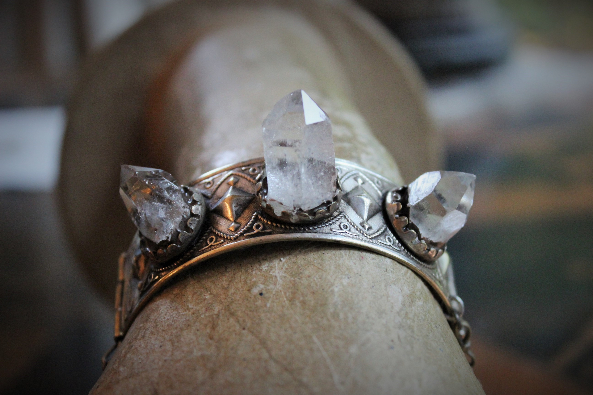 The Swords of Love Antique Gypsy Bracelet w/Crystal Rock Quartz Points,Sterling Engraved 3 Swords Tarot Medal,Faceted Rock Quartz,Antique Sterling Tassel + More!