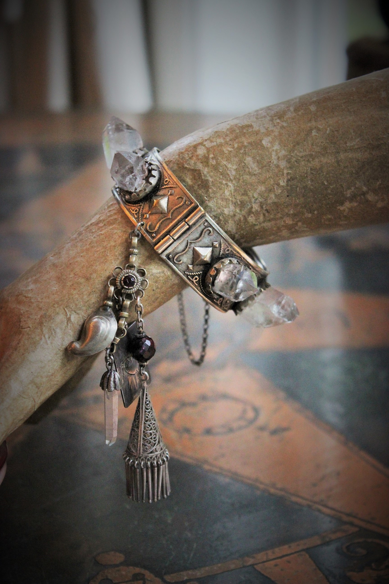 The Swords of Love Antique Gypsy Bracelet w/Crystal Rock Quartz Points,Sterling Engraved 3 Swords Tarot Medal,Faceted Rock Quartz,Antique Sterling Tassel + More!