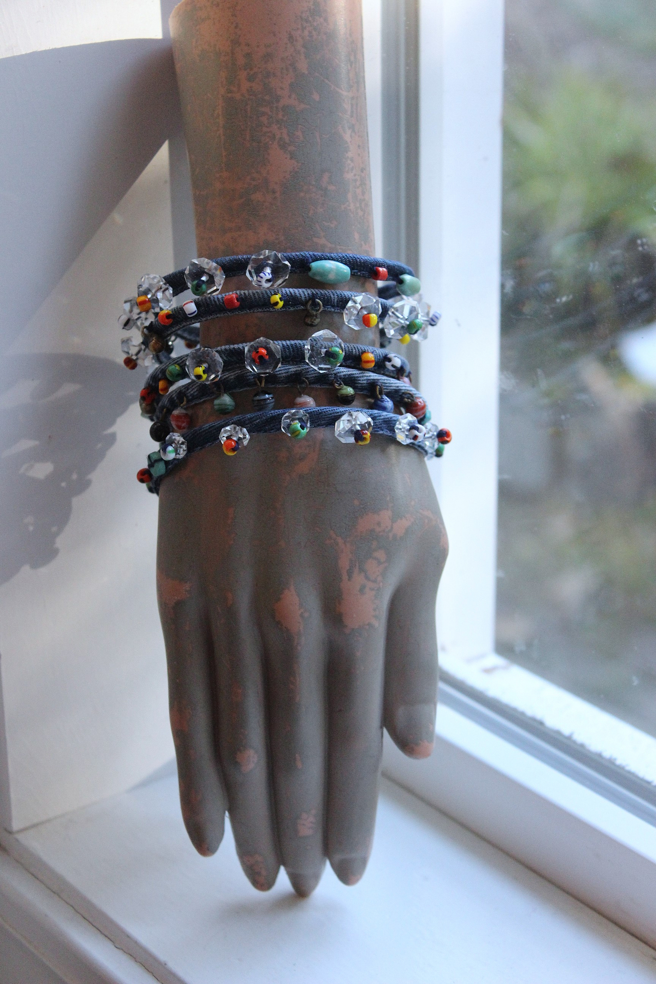 NEW! Unique 5 Coil Wrap Bracelet w/Vintage Denim,Antique Faceted Crystal Beads,Vintage Beads,Tiny Heishi Beads Tassel & Turquoise Beads