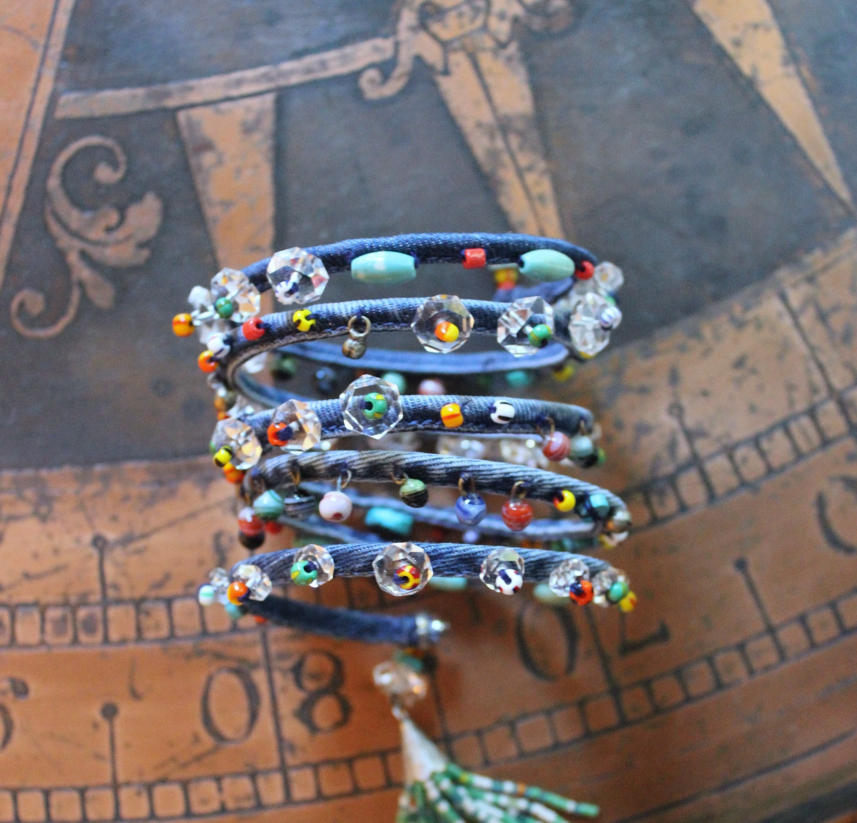 NEW! Unique 5 Coil Wrap Bracelet w/Vintage Denim,Antique Faceted Crystal Beads,Vintage Beads,Tiny Heishi Beads Tassel & Turquoise Beads