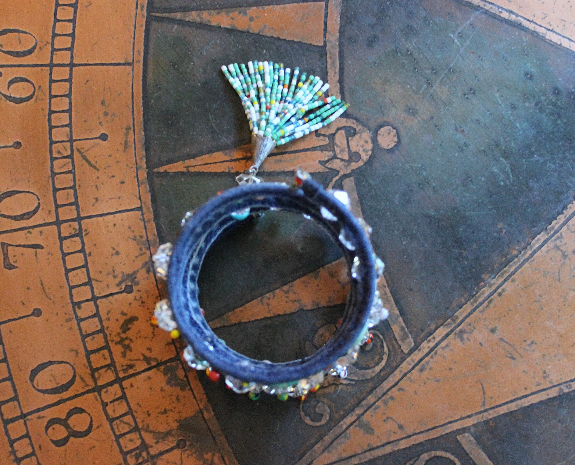 NEW! Unique 5 Coil Wrap Bracelet w/Vintage Denim,Antique Faceted Crystal Beads,Vintage Beads,Tiny Heishi Beads Tassel & Turquoise Beads