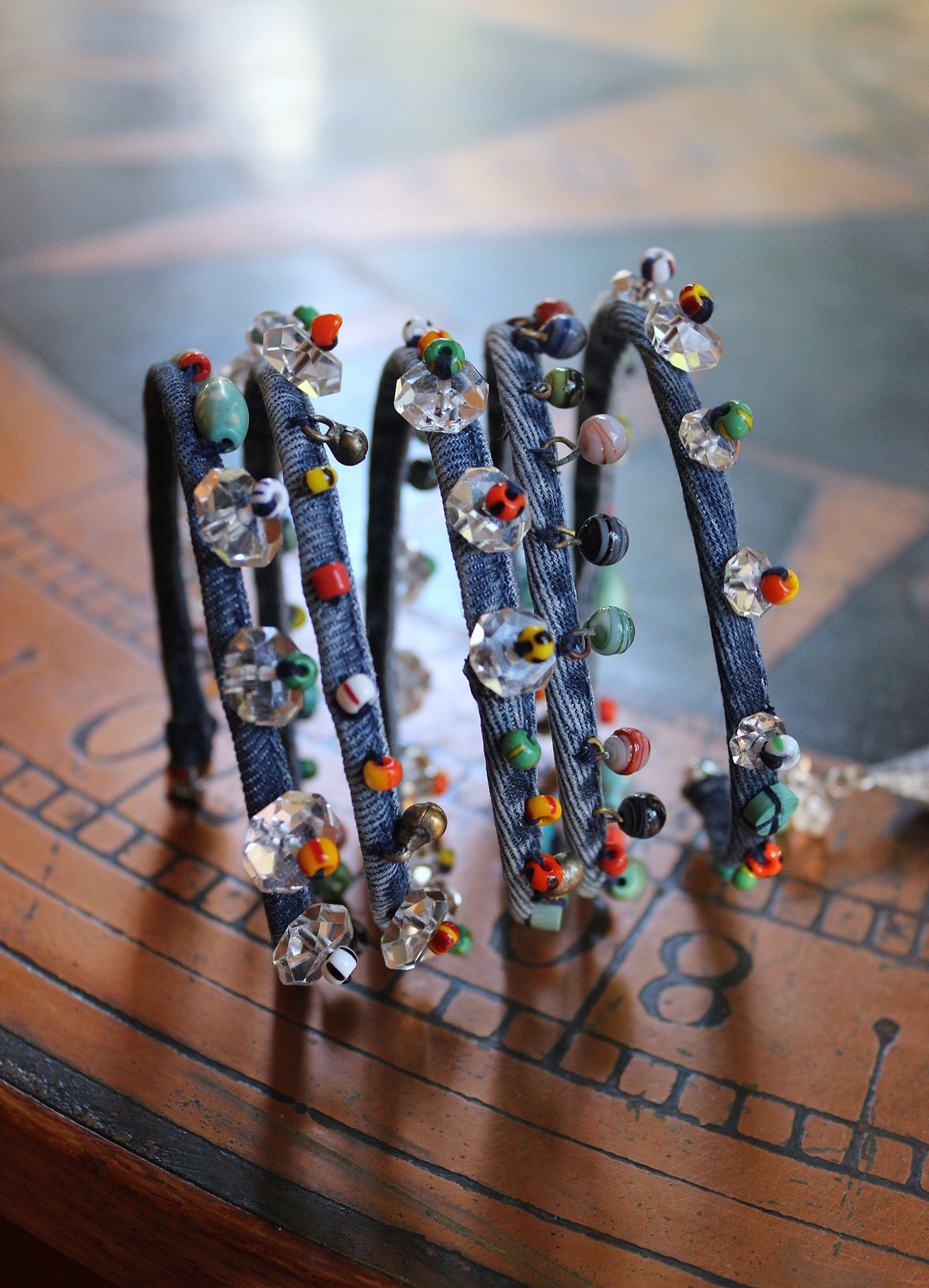 NEW! Unique 5 Coil Wrap Bracelet w/Vintage Denim,Antique Faceted Crystal Beads,Vintage Beads,Tiny Heishi Beads Tassel & Turquoise Beads