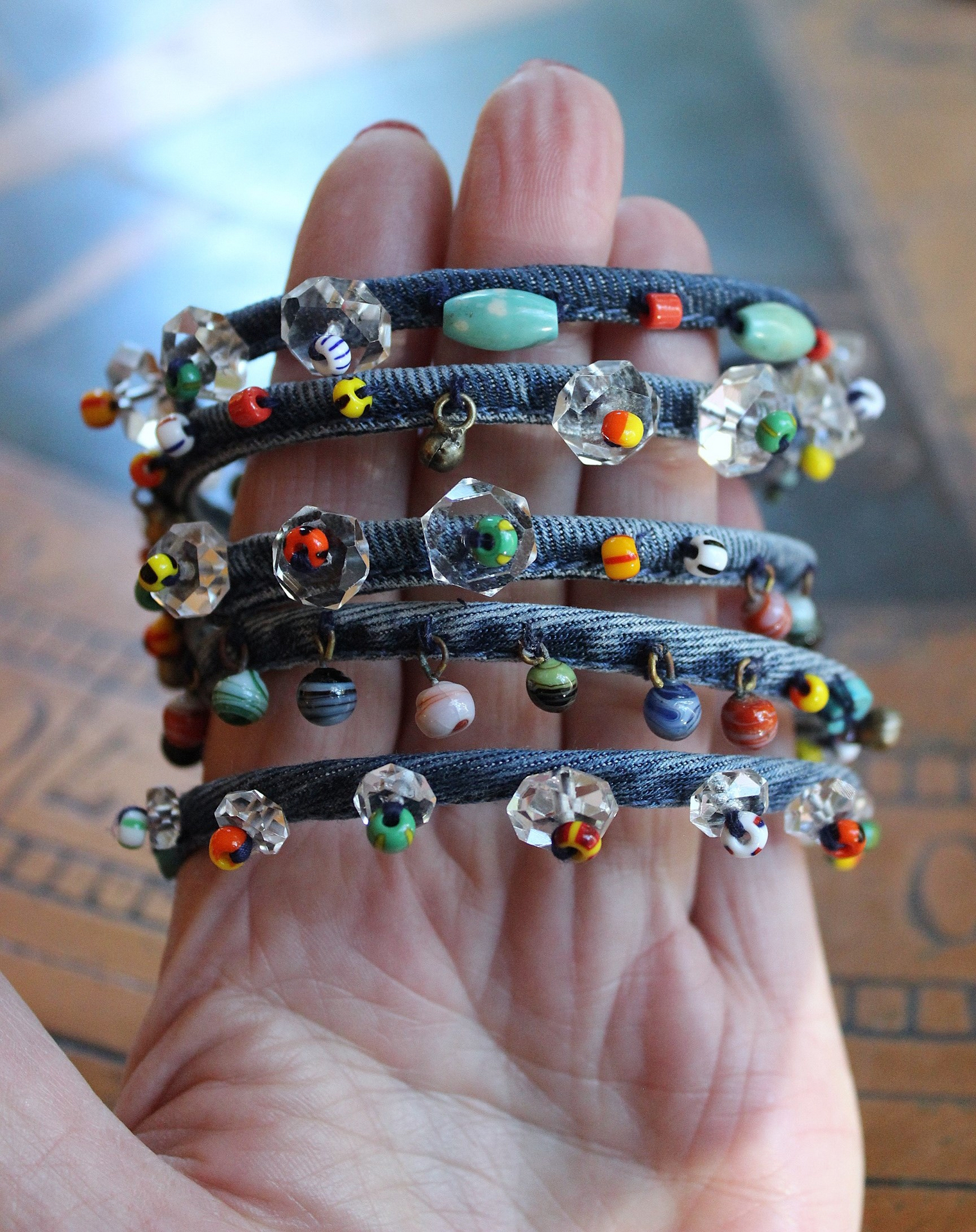 NEW! Unique 5 Coil Wrap Bracelet w/Vintage Denim,Antique Faceted Crystal Beads,Vintage Beads,Tiny Heishi Beads Tassel & Turquoise Beads