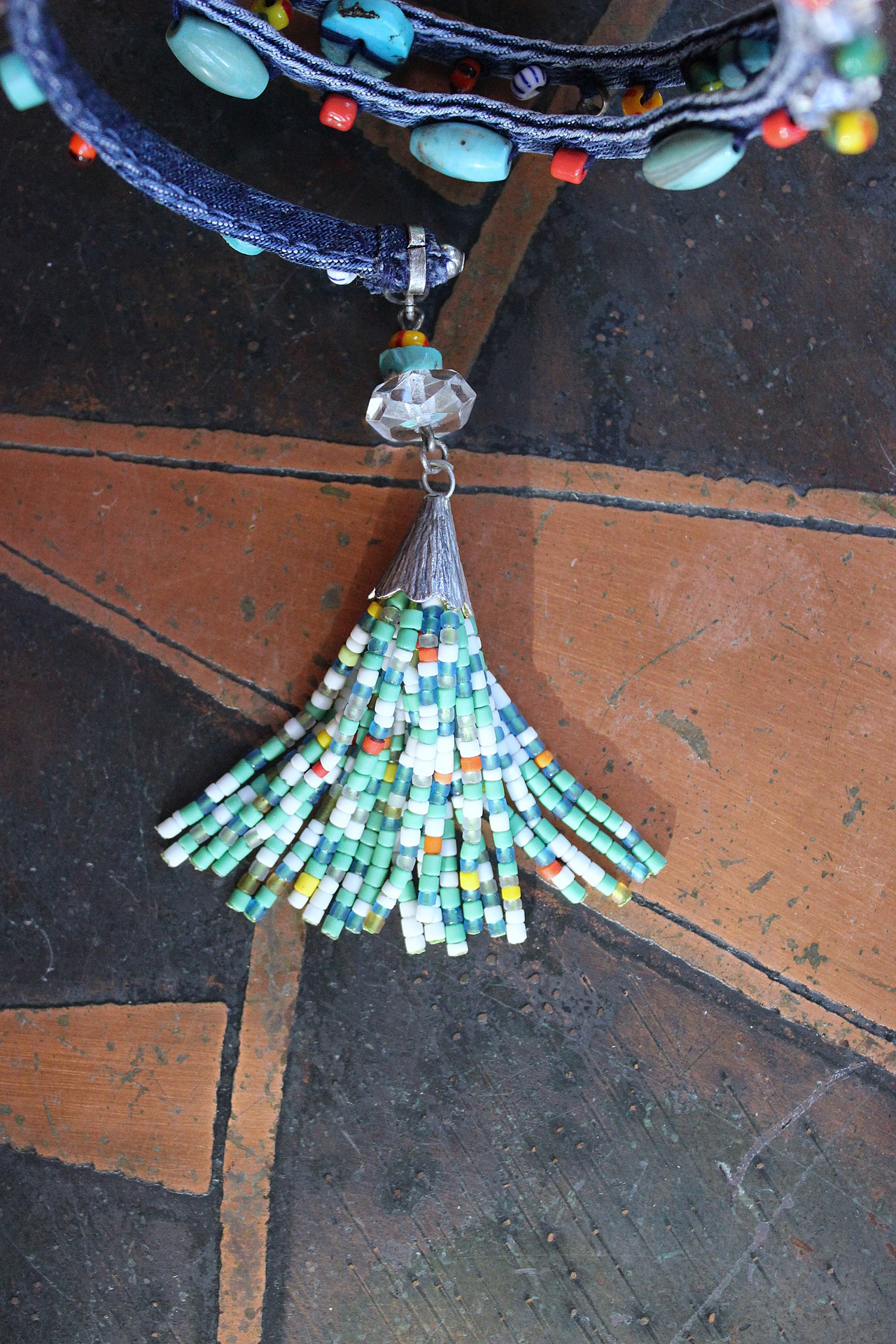 NEW! Unique 5 Coil Wrap Bracelet w/Vintage Denim,Antique Faceted Crystal Beads,Vintage Beads,Tiny Heishi Beads Tassel & Turquoise Beads