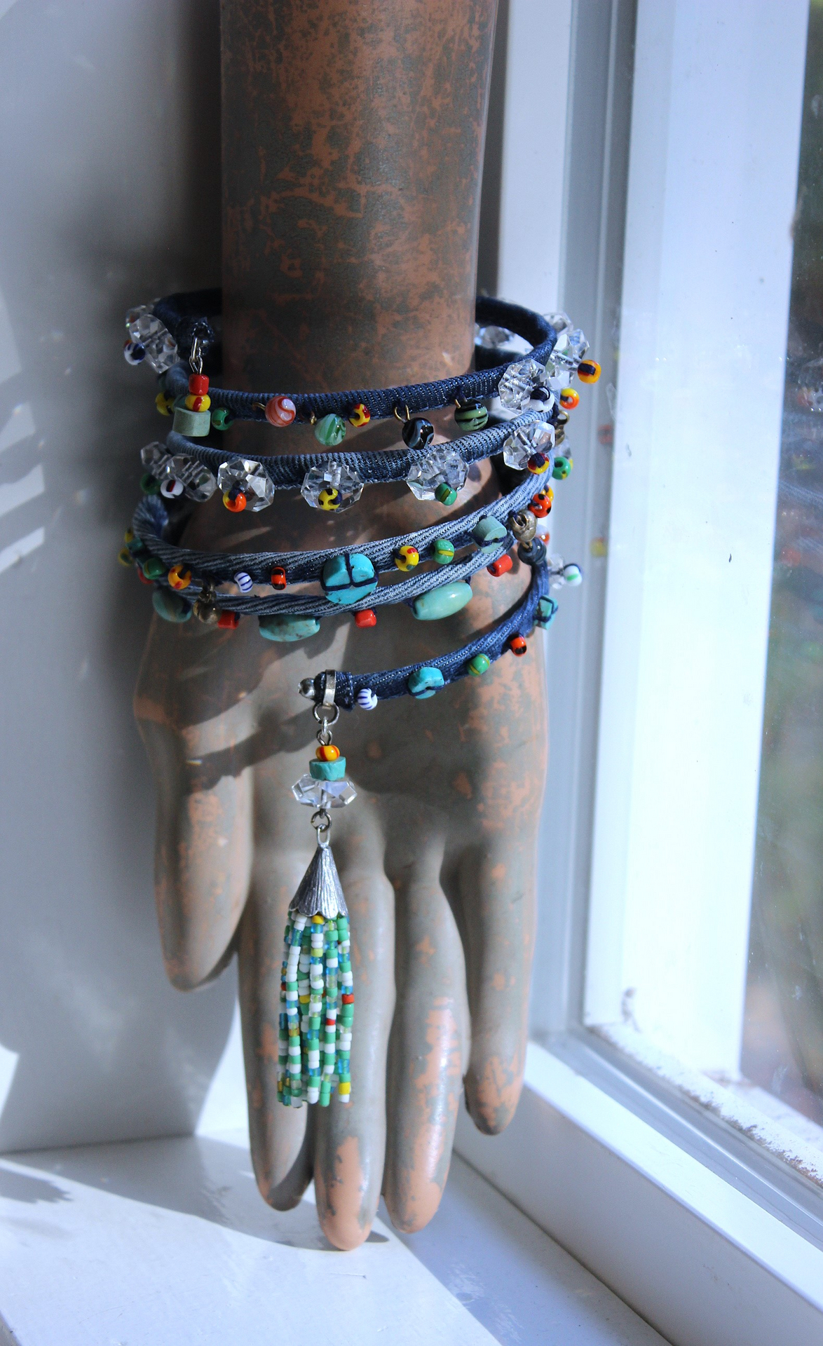 NEW! Unique 5 Coil Wrap Bracelet w/Vintage Denim,Antique Faceted Crystal Beads,Vintage Beads,Tiny Heishi Beads Tassel & Turquoise Beads