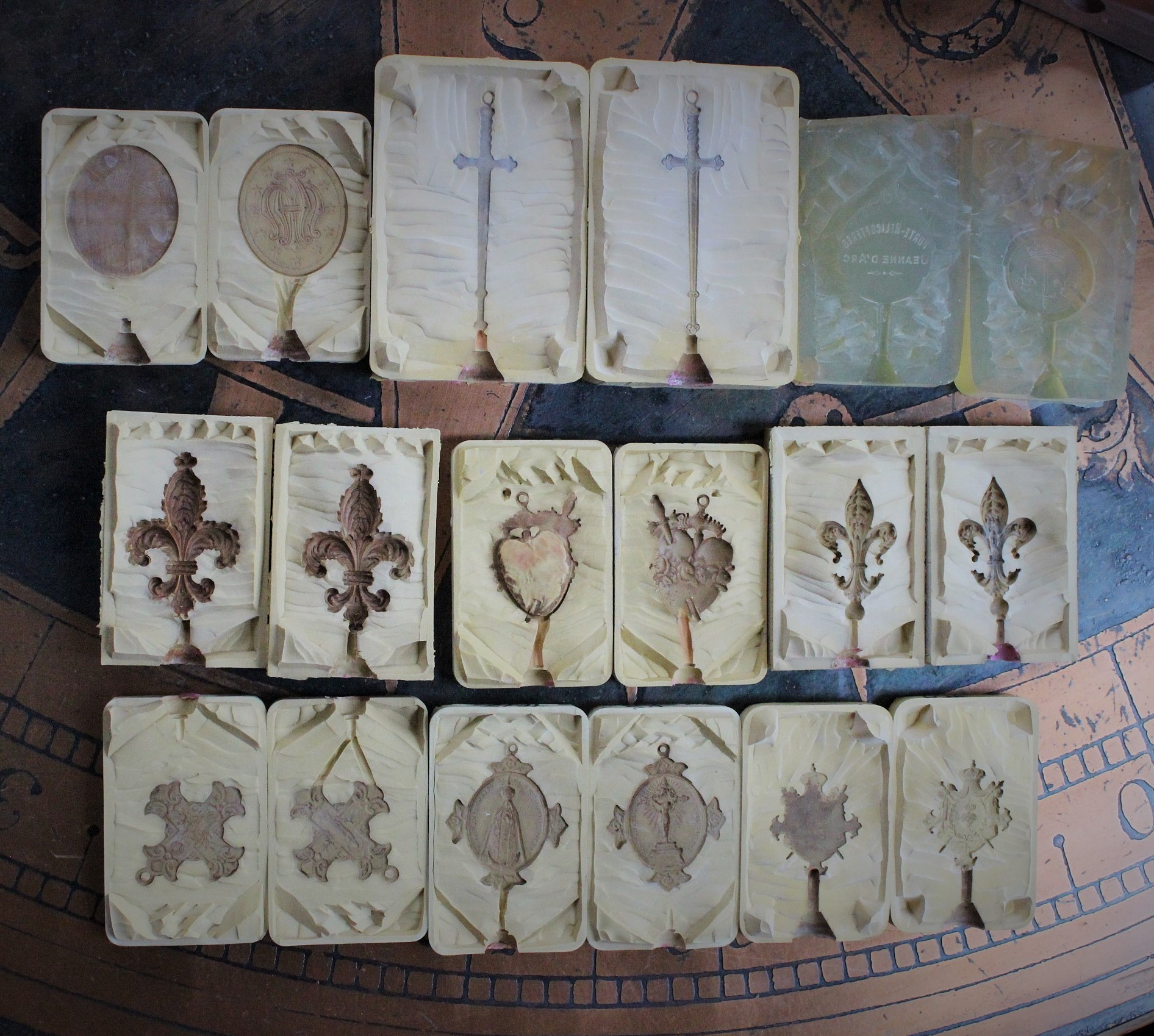 PRICE REDUCED! Rare Collection of 19 Lost Wax Cast Molds - all from Antique Medals,Cross,Fleur de Lis and Swords -make your own One of a Kind Jewelry Pieces!