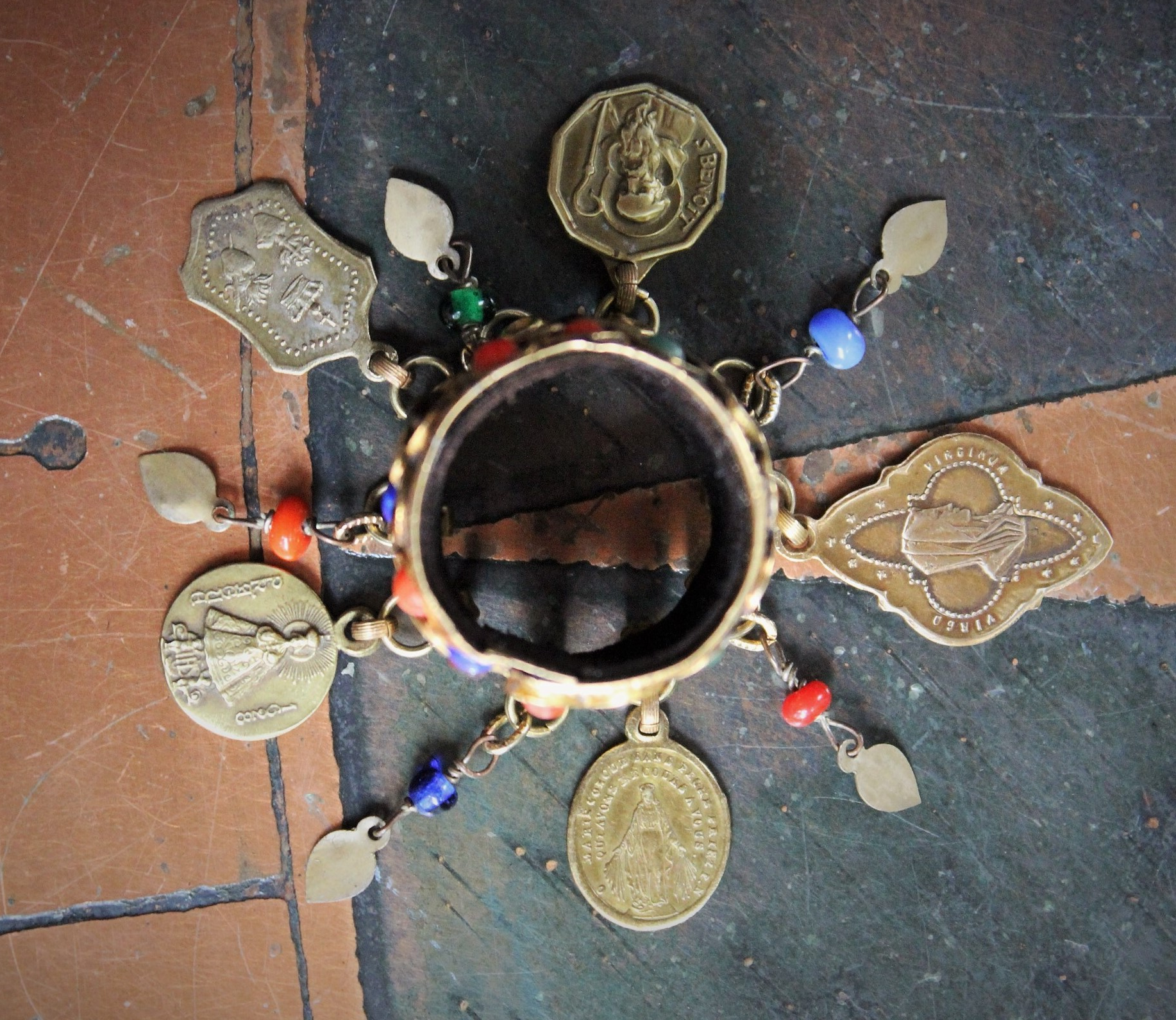 Amazing Antique Kuchi Gypsy Gold Ring w/Antique French Medals,Tiny Gypsy Bead and Heart Drops