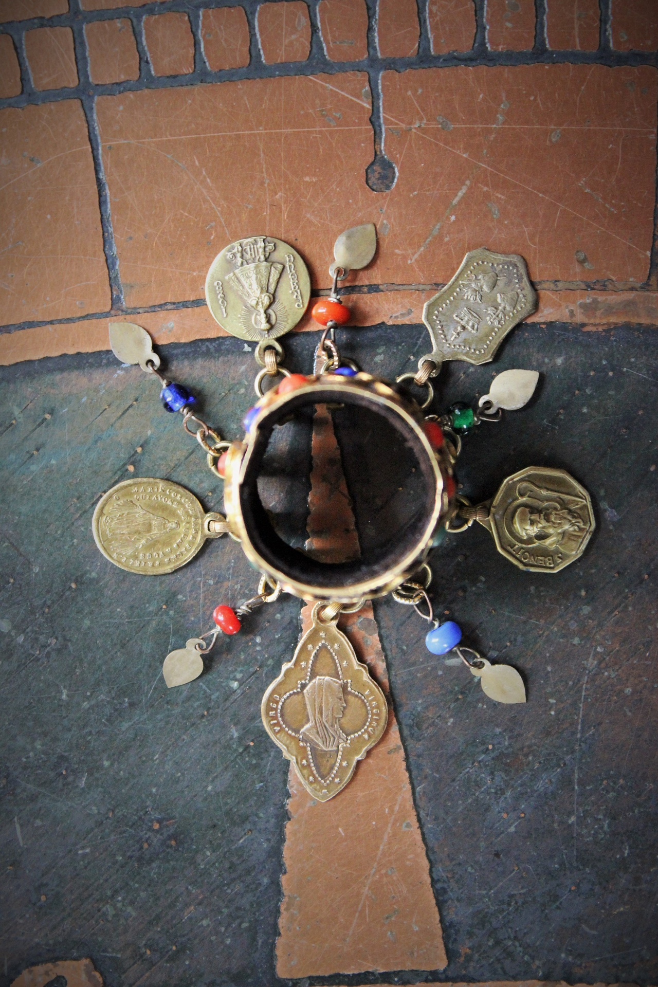 Amazing Antique Kuchi Gypsy Gold Ring w/Antique French Medals,Tiny Gypsy Bead and Heart Drops